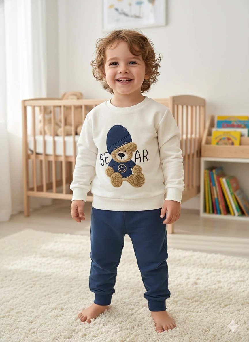 Unisex Lacivert Şapkalı Ayıcık Takım