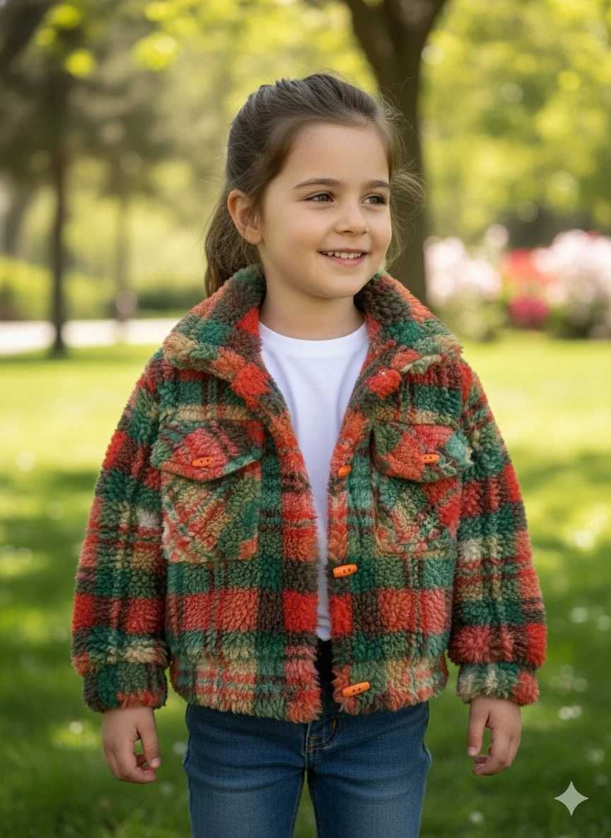 Kız Çocuk Turuncu Ekose Desenli Peluş Ceket