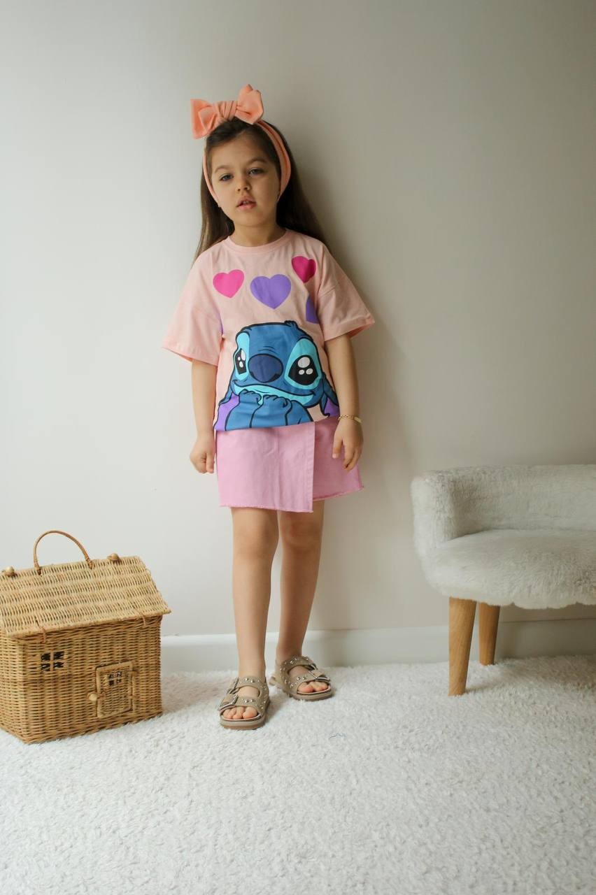 Kız Çocuk Pembe Kalpli Stitch Takım