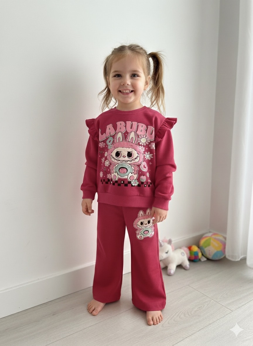 Kız Çocuk Mürdüm  Labubu Baskılı 2’li Takım