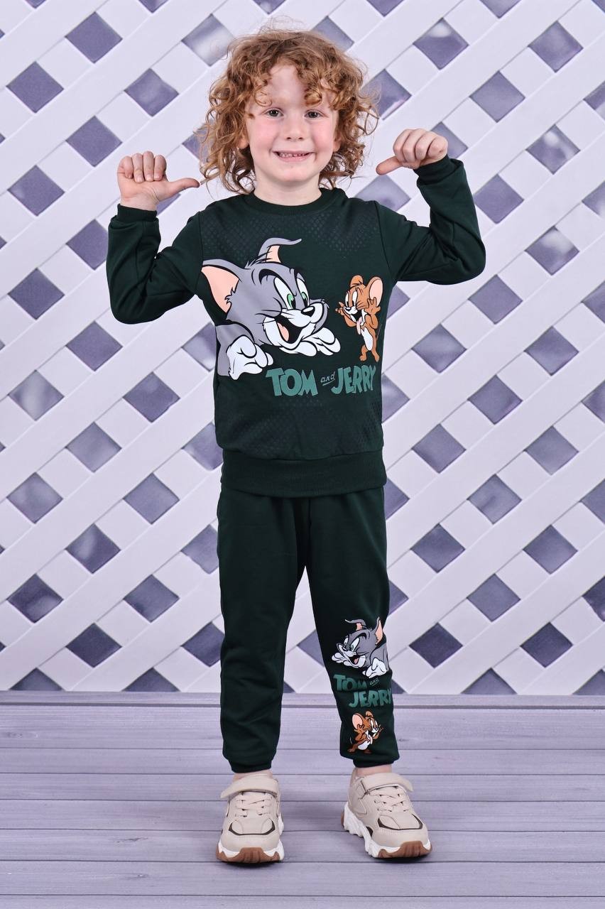 Erkek Çocuk Koyu Yeşil Tom ve Jerry Baskılı 2'li Takım
