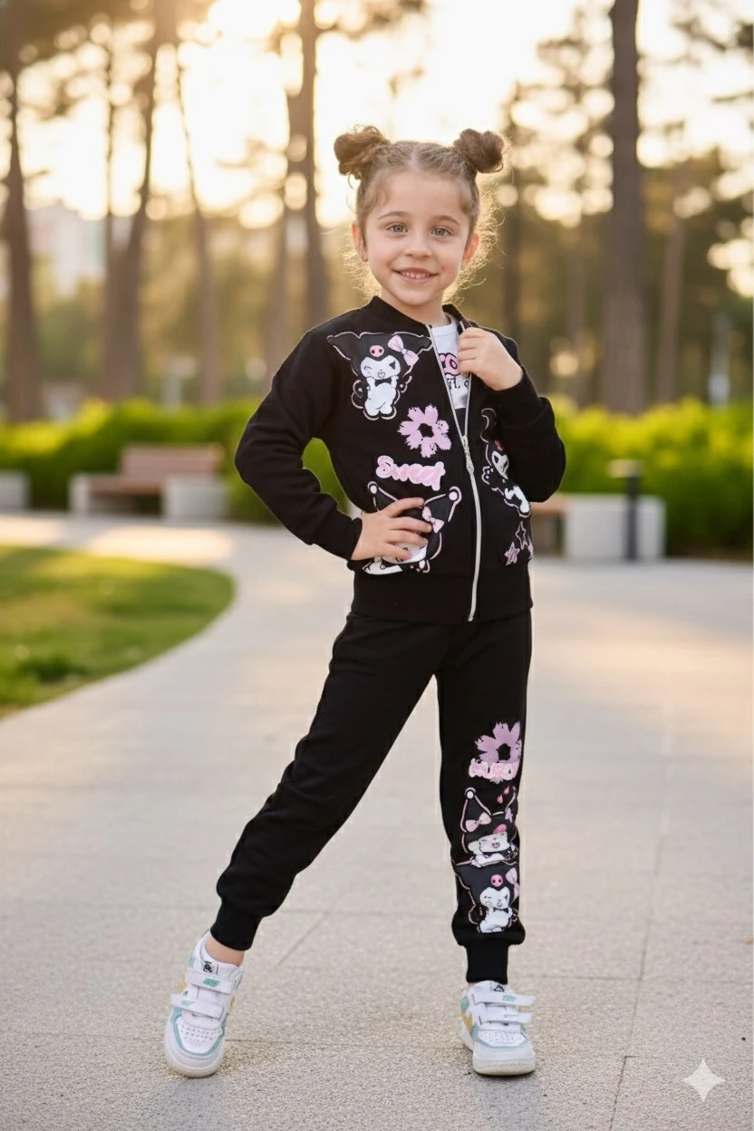 Kız Çocuk Siyah Kuromi Baskılı 3'lü Takım Takım