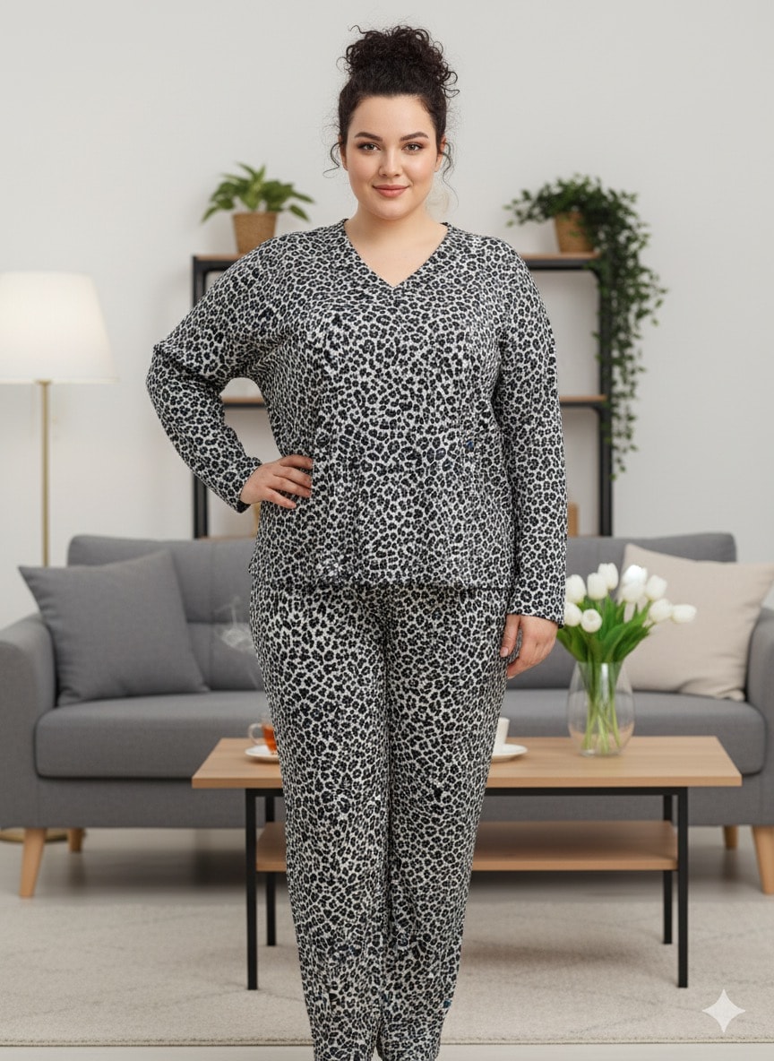 Gri Mavi Leopar Süet Battal Boy Kadın Pijama Takımı
