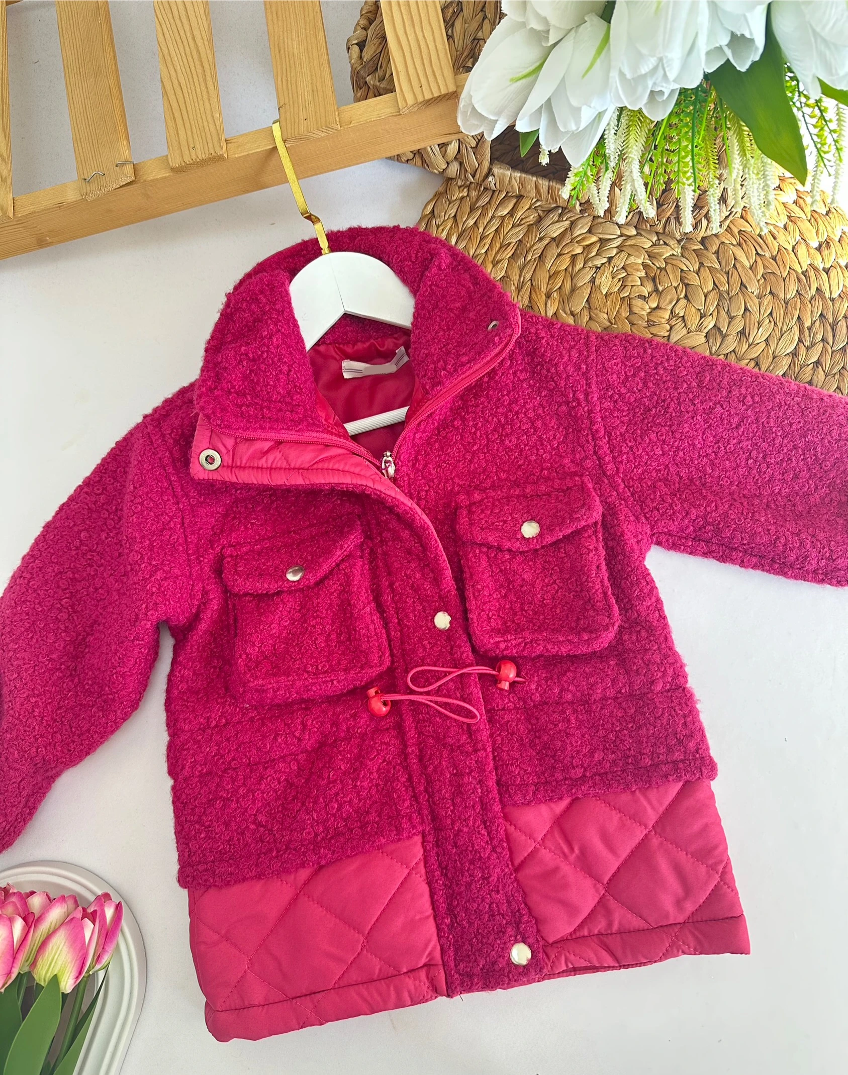 Kız Çocuk Fuşya  Cep Detaylı Mont