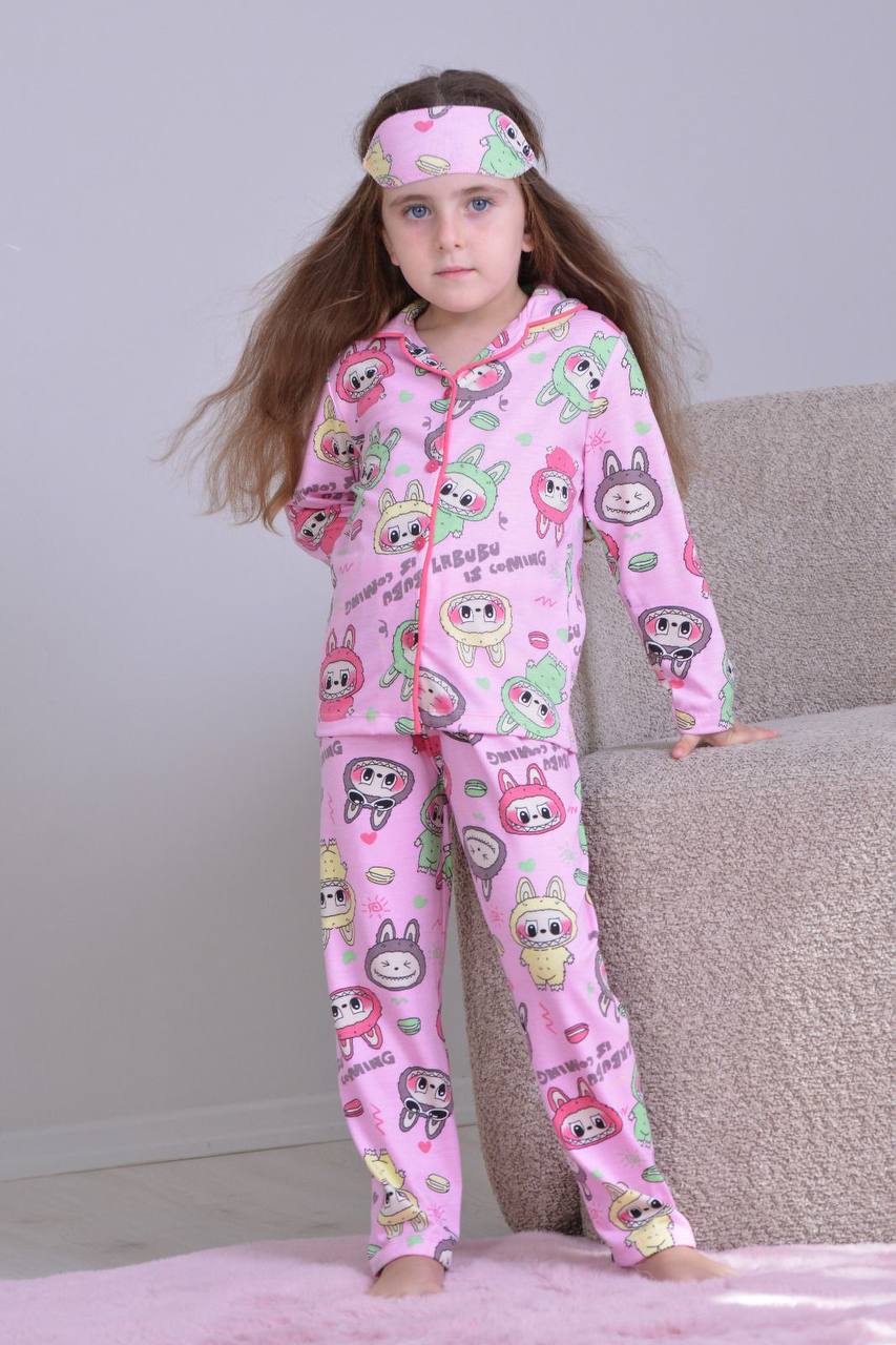 Kız Çocuk Pembe Labubu Desenli Uyku Bandı Hediyeli Pijama Takımı