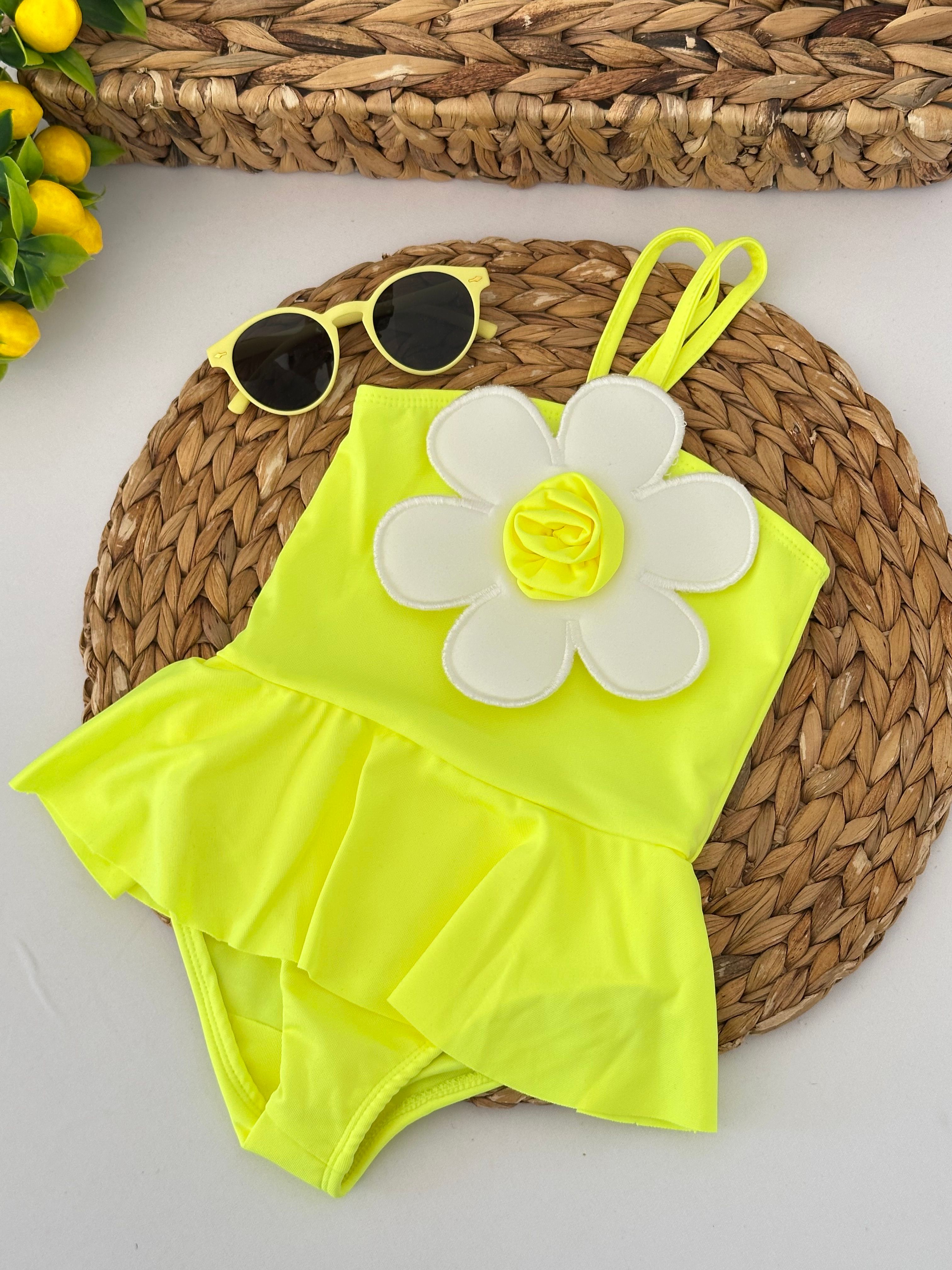 Kız Çocuk Neon Sarı Çiçekli Mayo