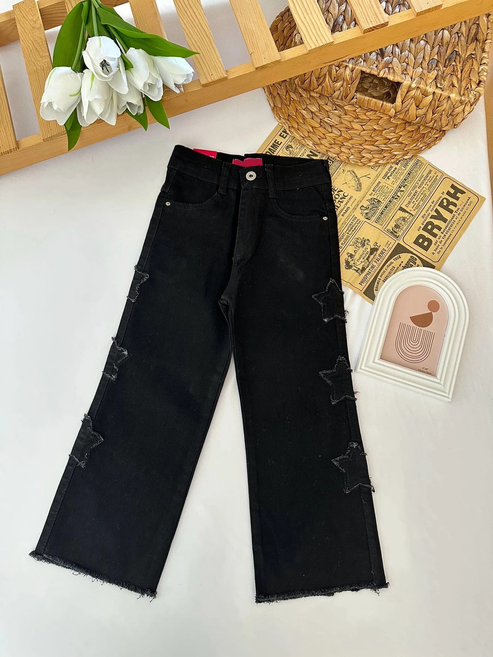 Kız Çocuk Üç Yıldız Desenli Siyah Kot Pantolon