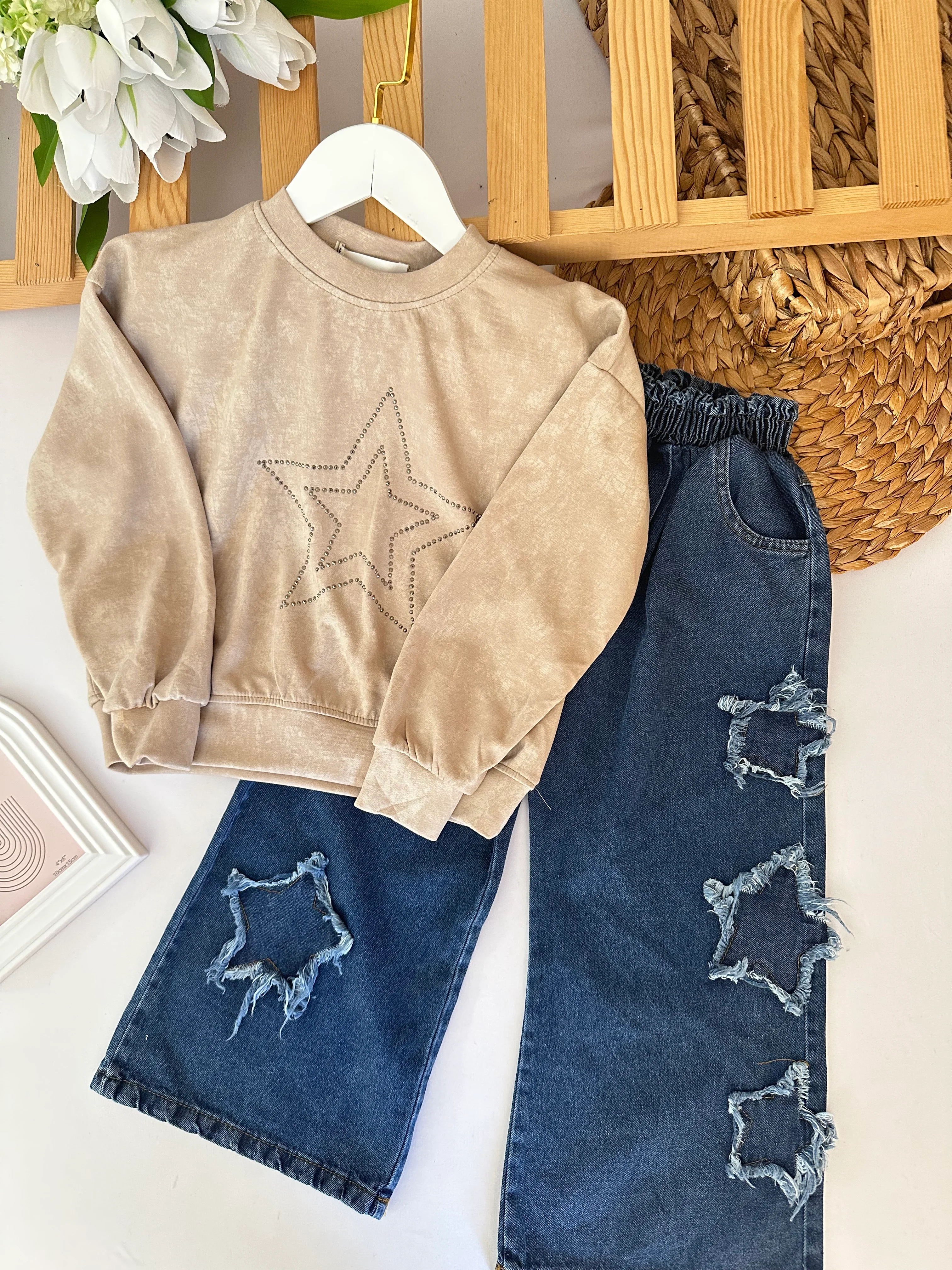 Kız Çocuk Bej Yıldız Desenli Kotlu Takım