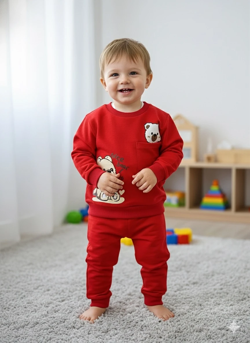 Erkek Çocuk Kırmızı Cepli Ayıcık Takım