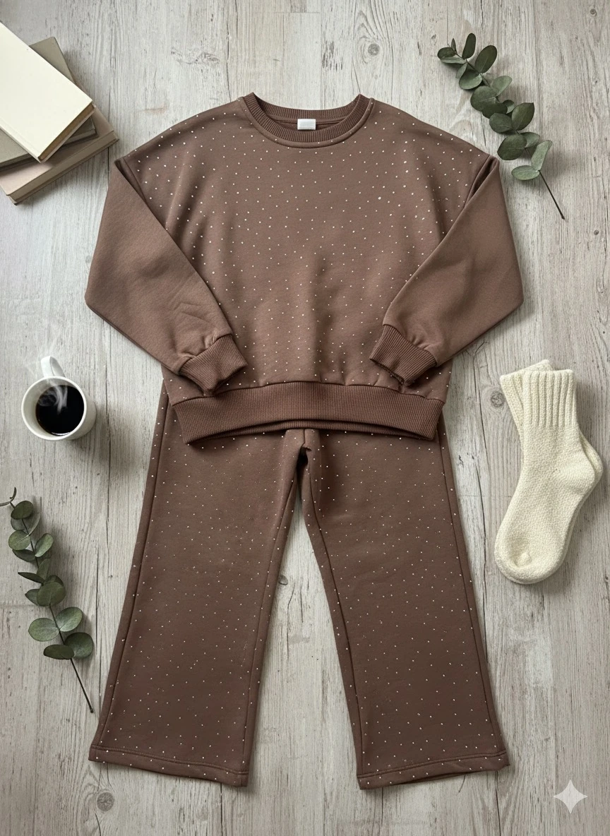 Kız Çocuk Kahverengi Taşlı Alt-Üst Takım