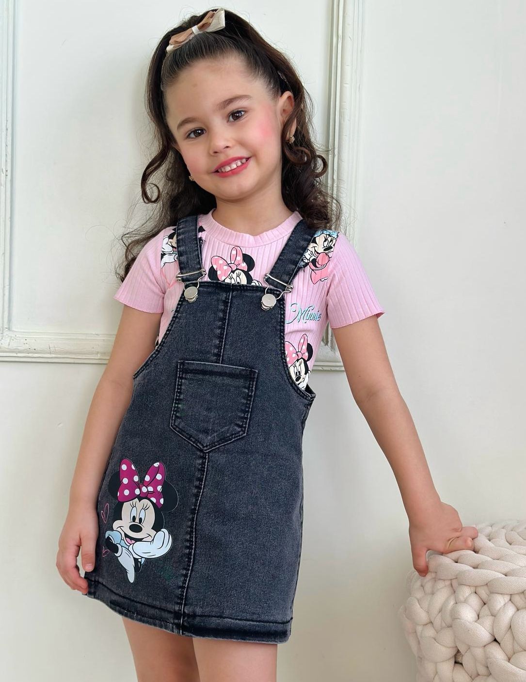 Kız Çocuk Pembe Minnie Mouse Kot Salopet Takım
