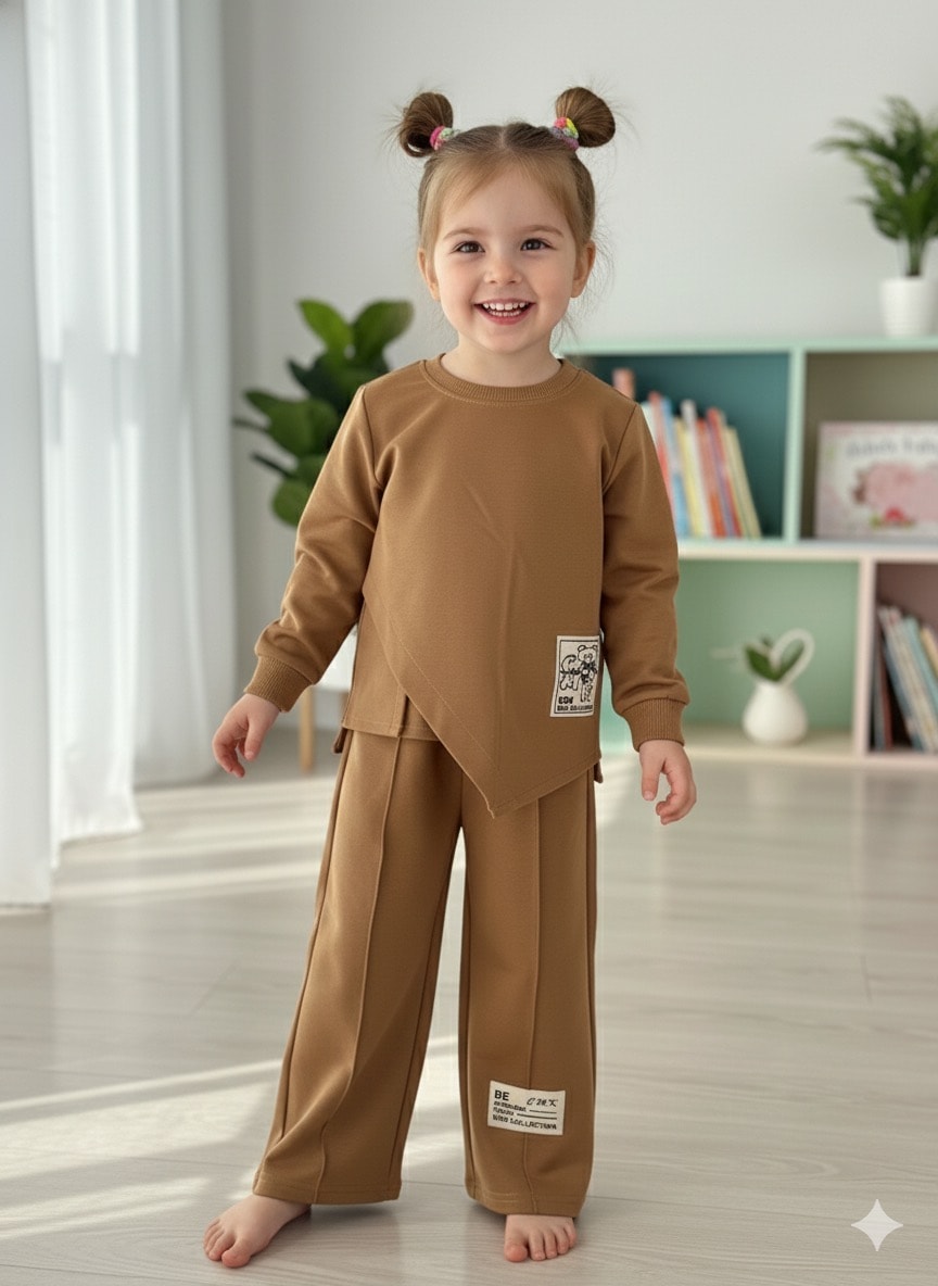 Kız Çocuk Kahve Ayıcık Yan Kesim Desenli Takım