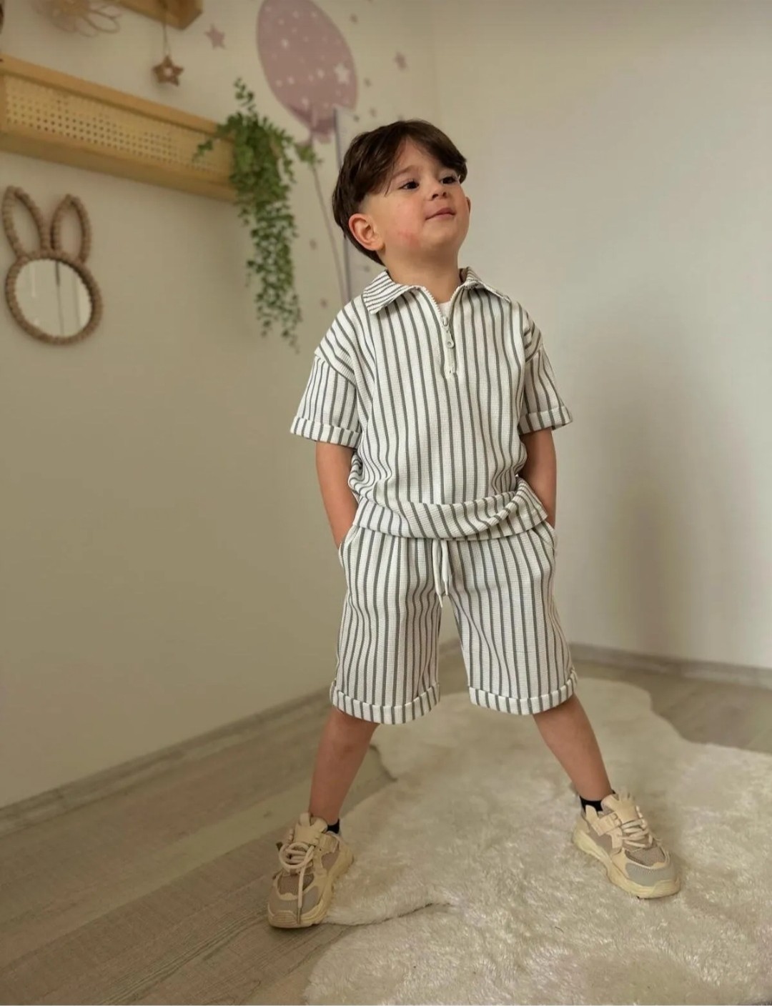 Erkek Çocuk Gri Çizgili Takım
