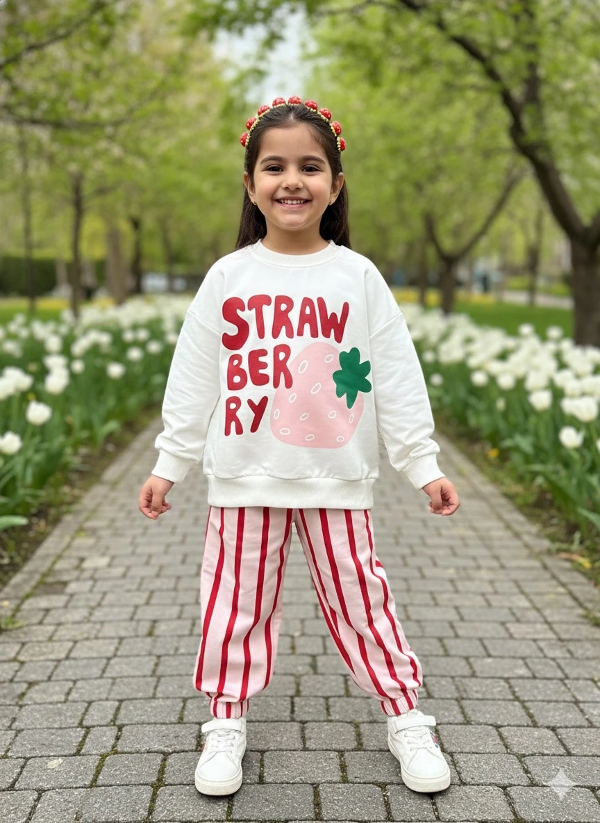 Kız Çocuk Pembe Çilekli Çizgili Takım