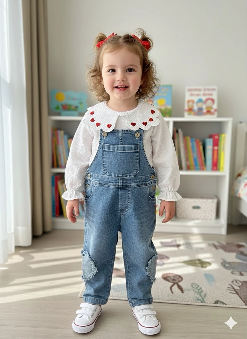 Kız Çocuk Kalpli Bahçıvan Kot Takım