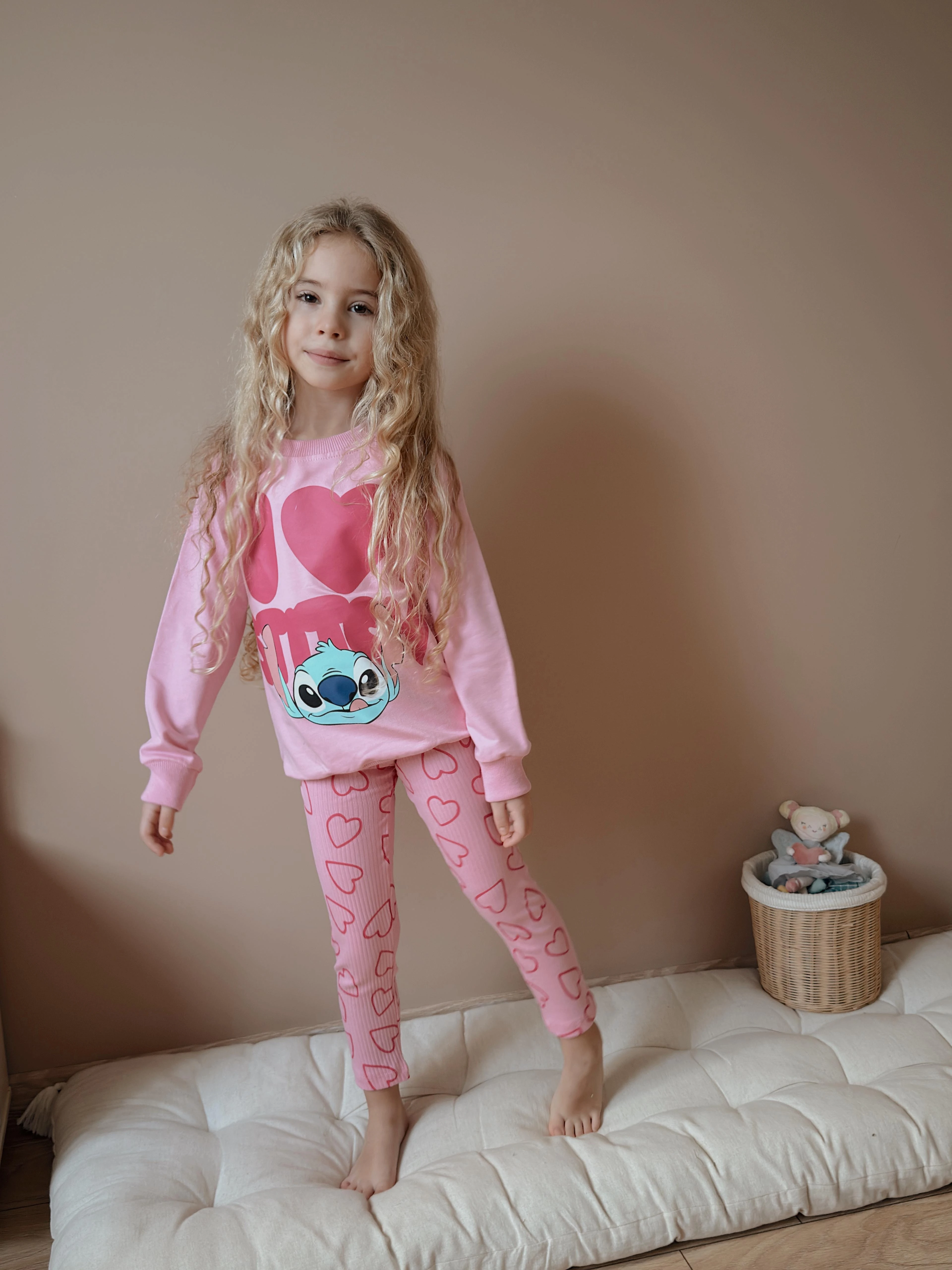 Kız Çocuk Pembe Stitch Taytlı Takım