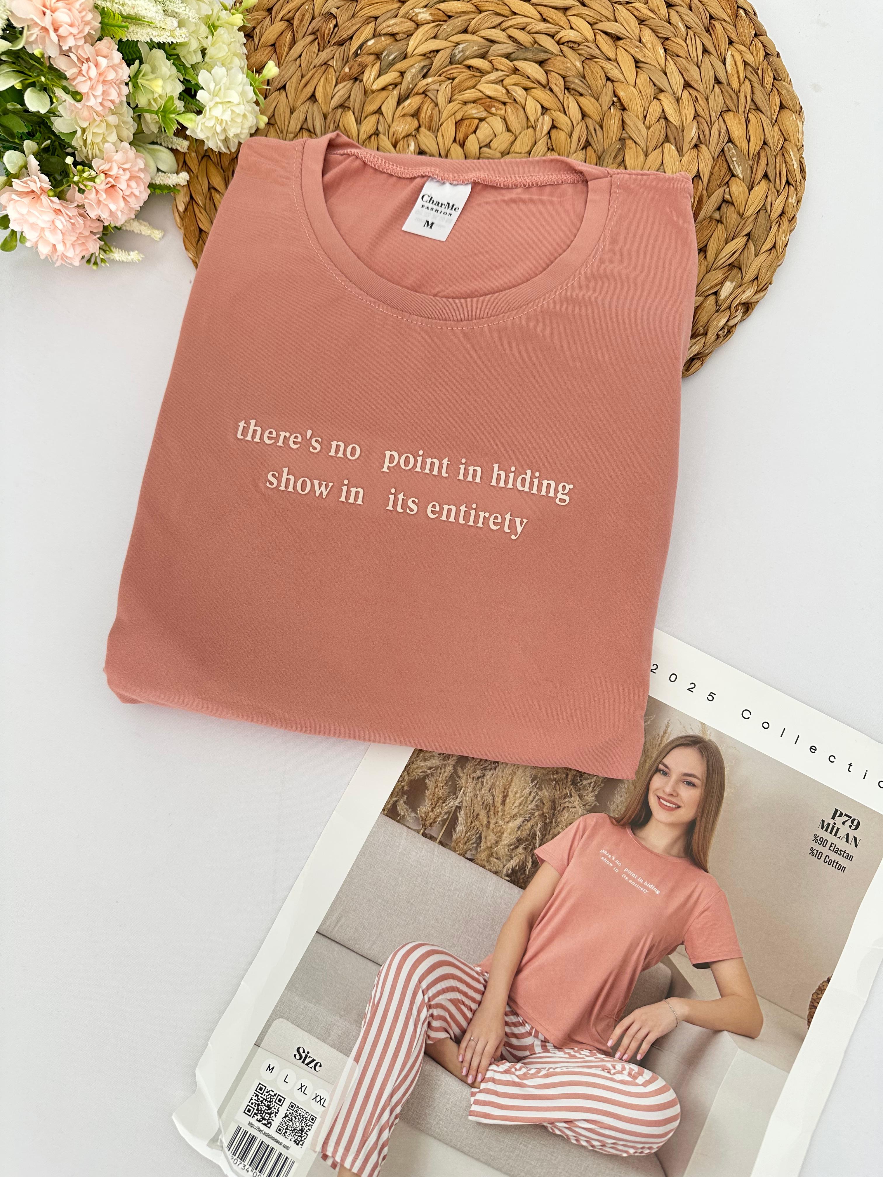 Pudra Çizgili Kadın Pijama Takımı