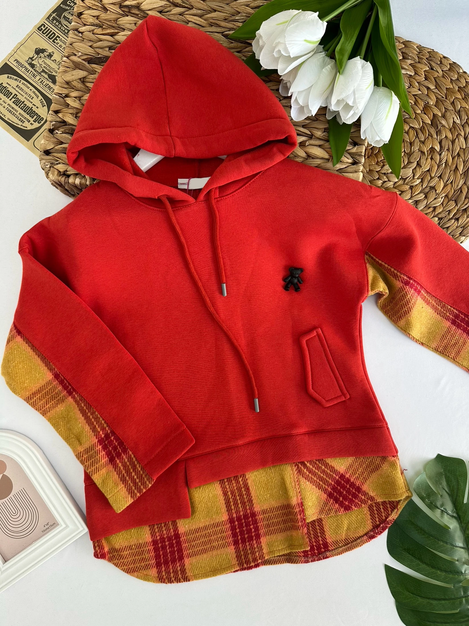 Kız Çocuk Turuncu Ayıcıklı Kapüşonlu Gömlek Detaylı Sweat