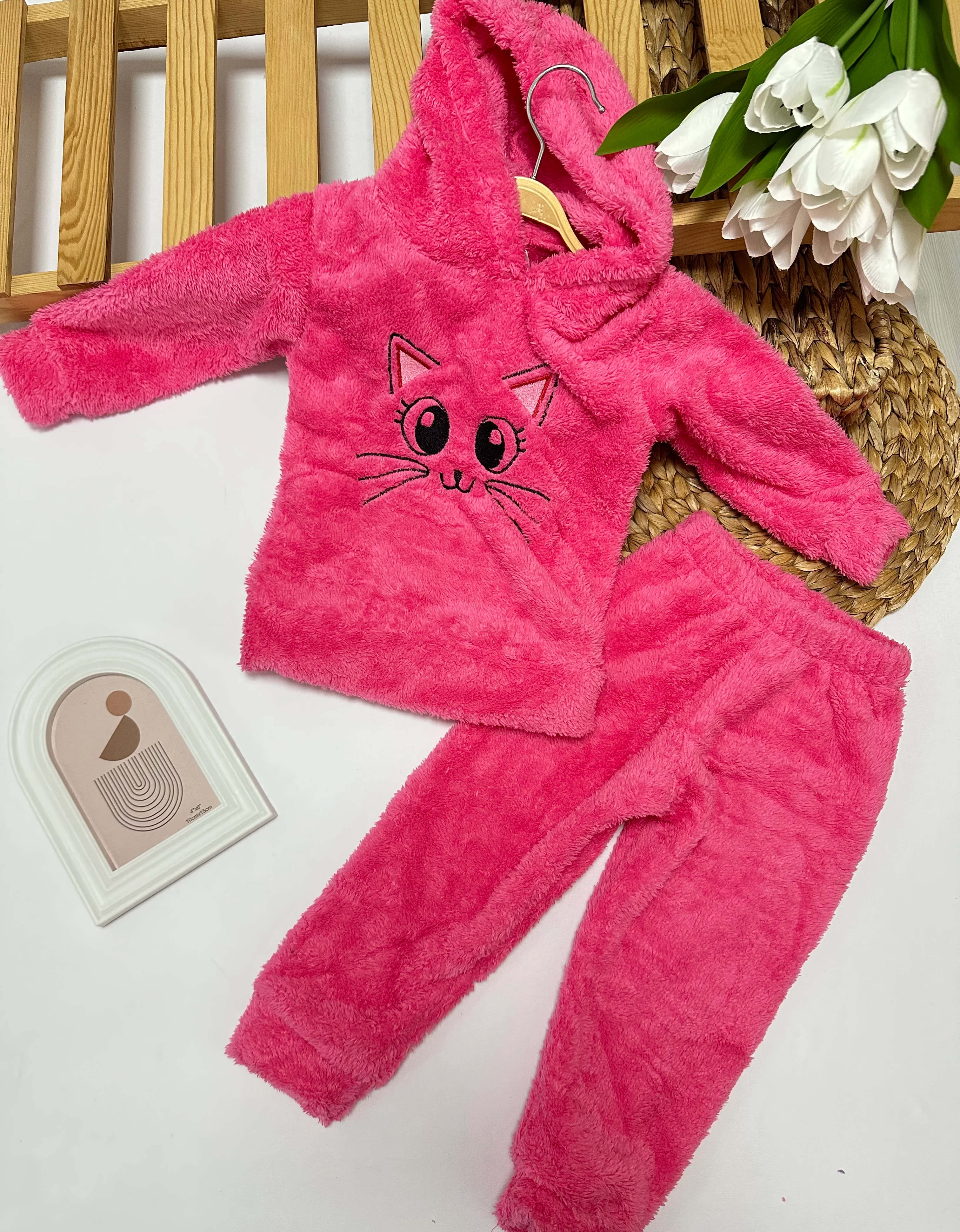 Kız Çocuk Fuşya Kedili Peluş Takım