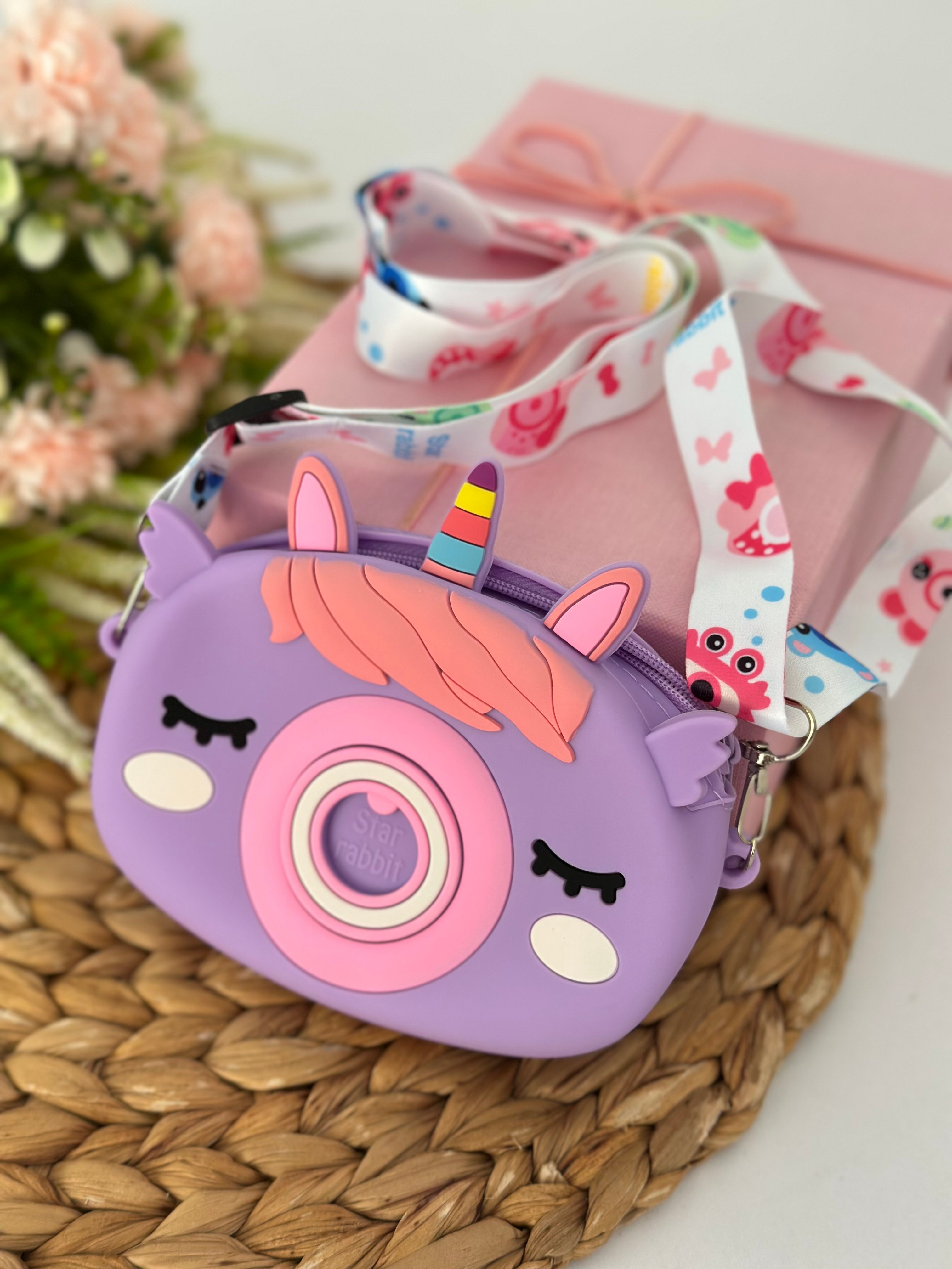 Mor Unicornlu Popitli Silikon Çanta 