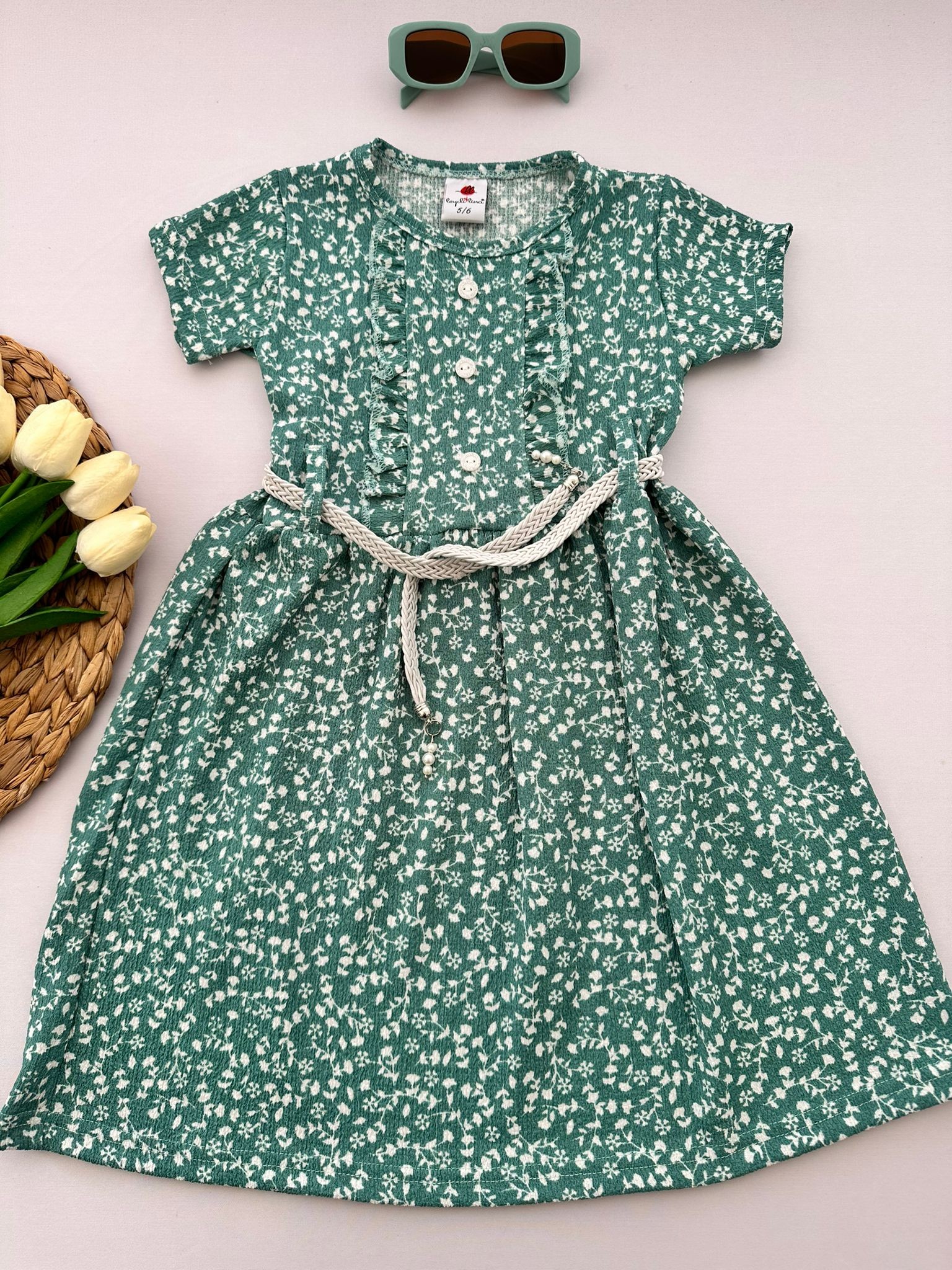 Kız Çocuk Yeşil Çiçekli Leydi Bürümcük Elbise