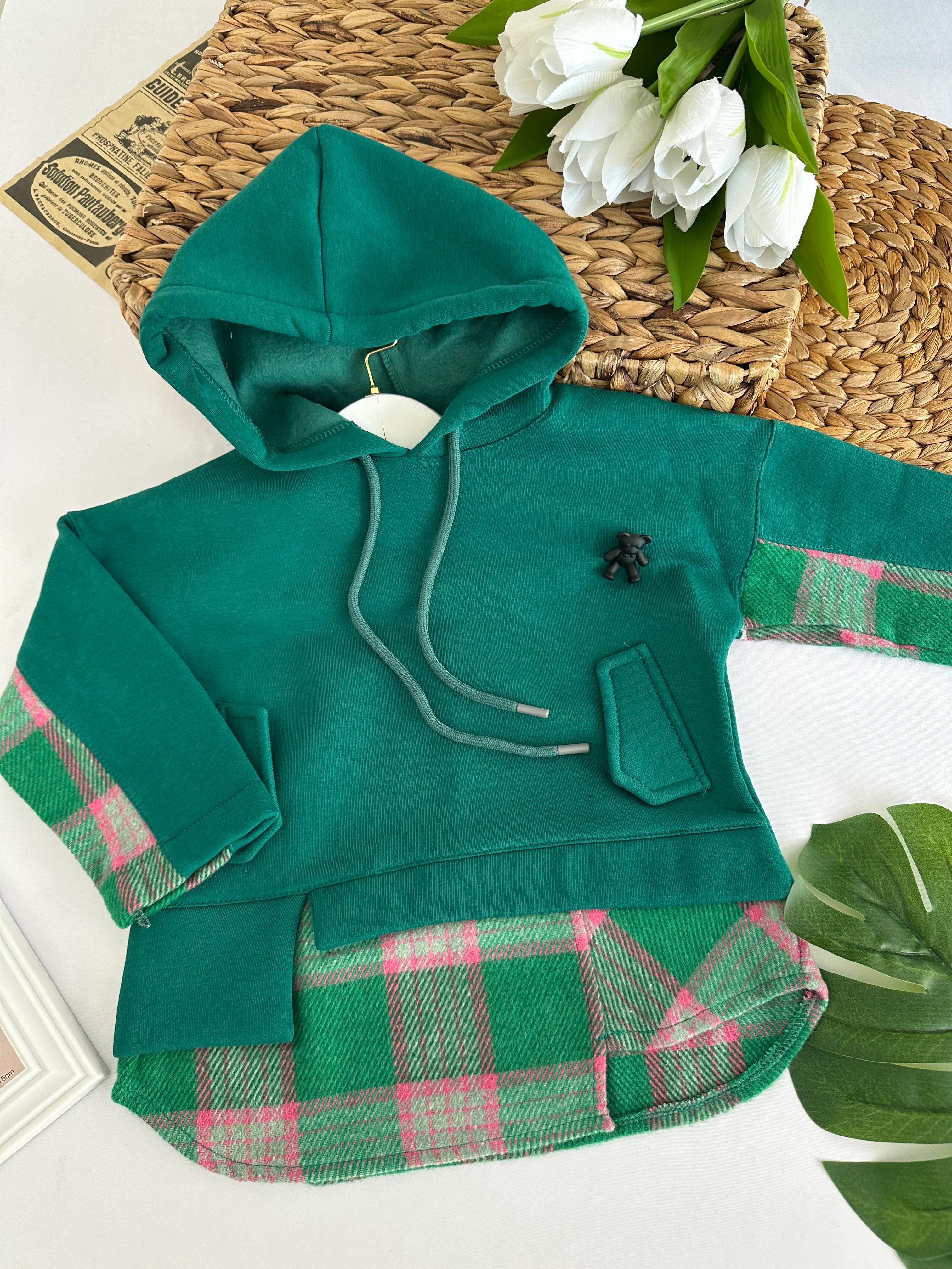 Kız Çocuk Yeşil Ayıcıklı Kapüşonlu Gömlek Detaylı Sweat