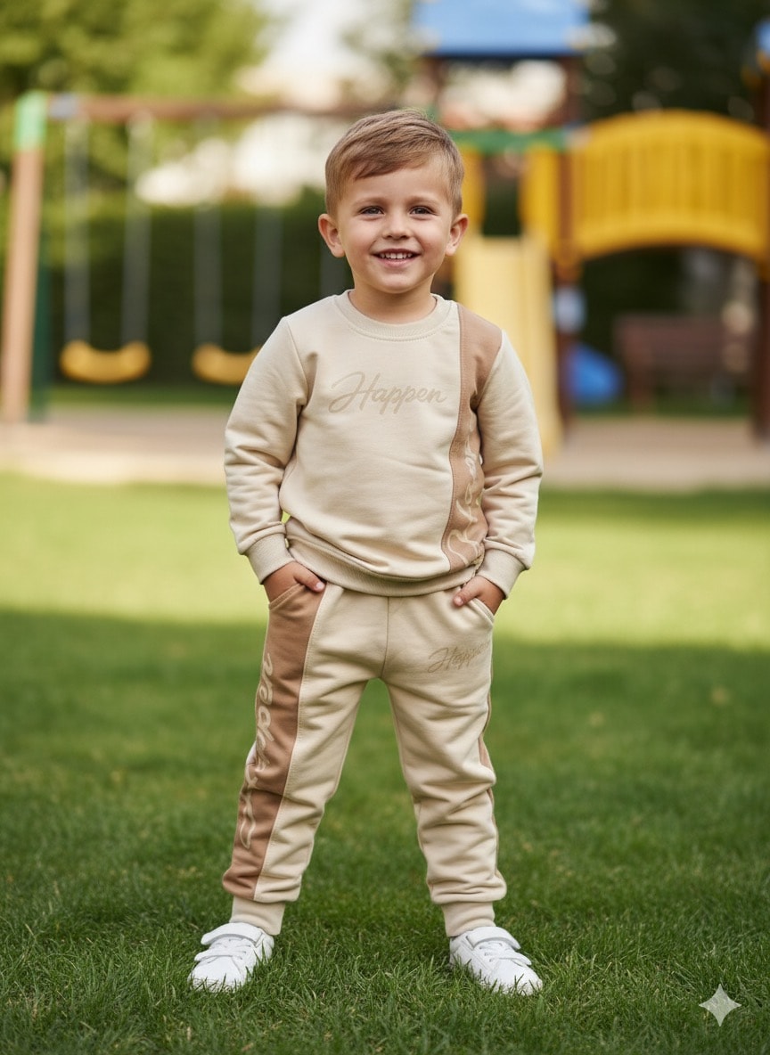 Erkek Çocuk Ekru Happen Desenli Takım