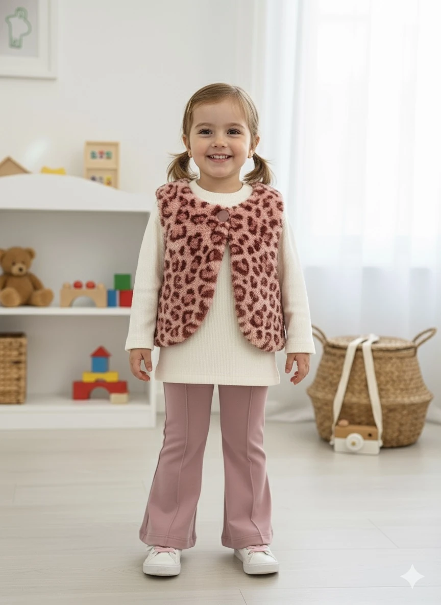 Kız Çocuk Leopar Yelekli Pembe 3'lü Takım