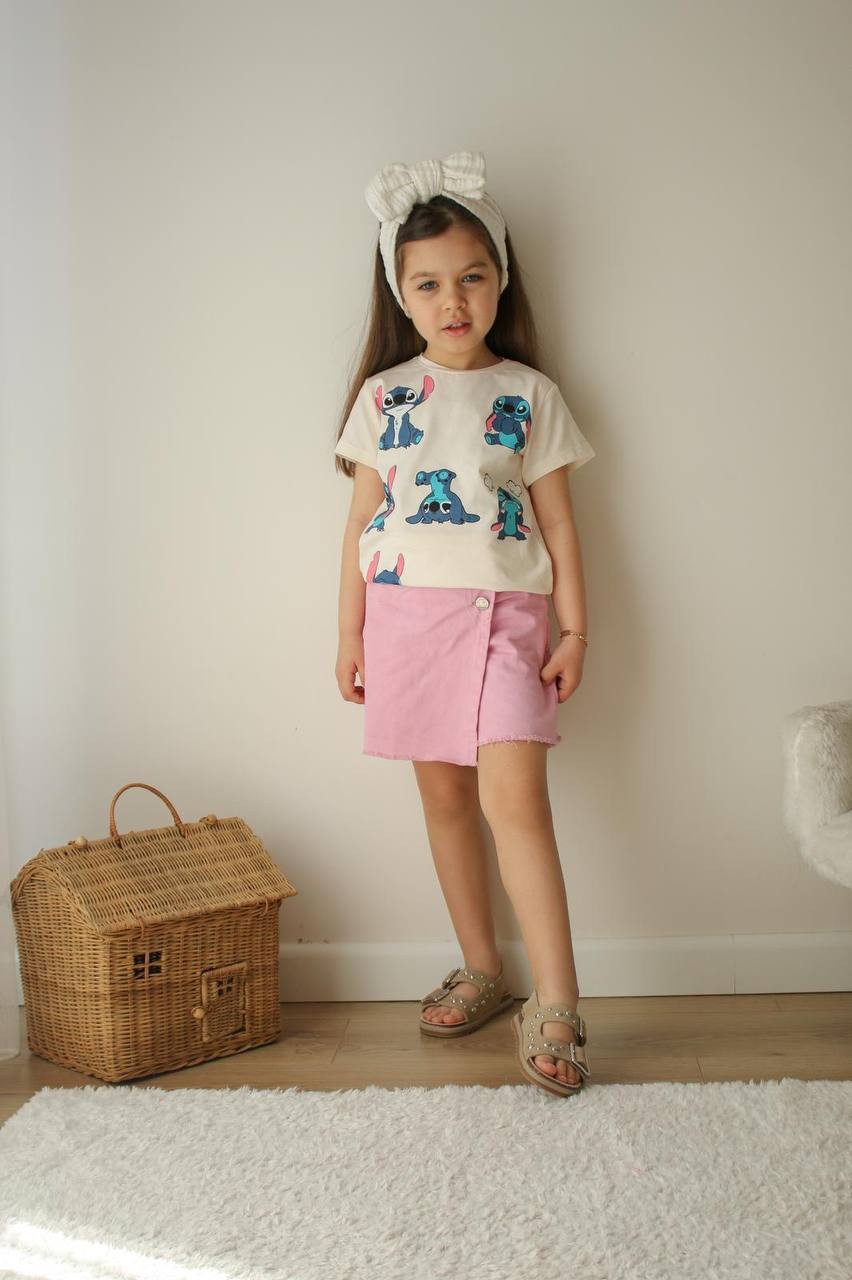 Kız Çocuk Stitch Desenli Pembe Kot Şort Etekli Takım