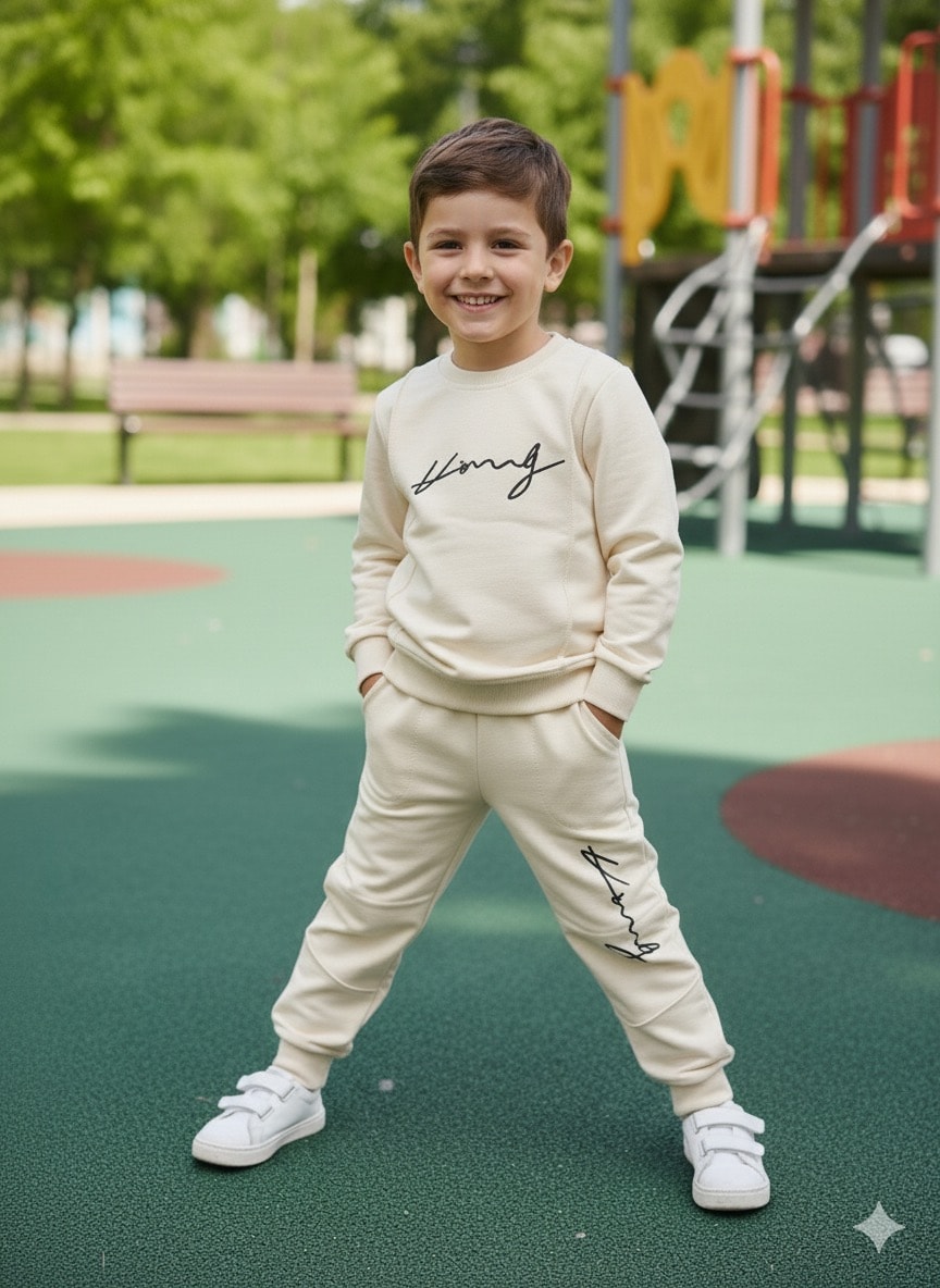 Erkek Çocuk Ekru Long Yazılı Takım