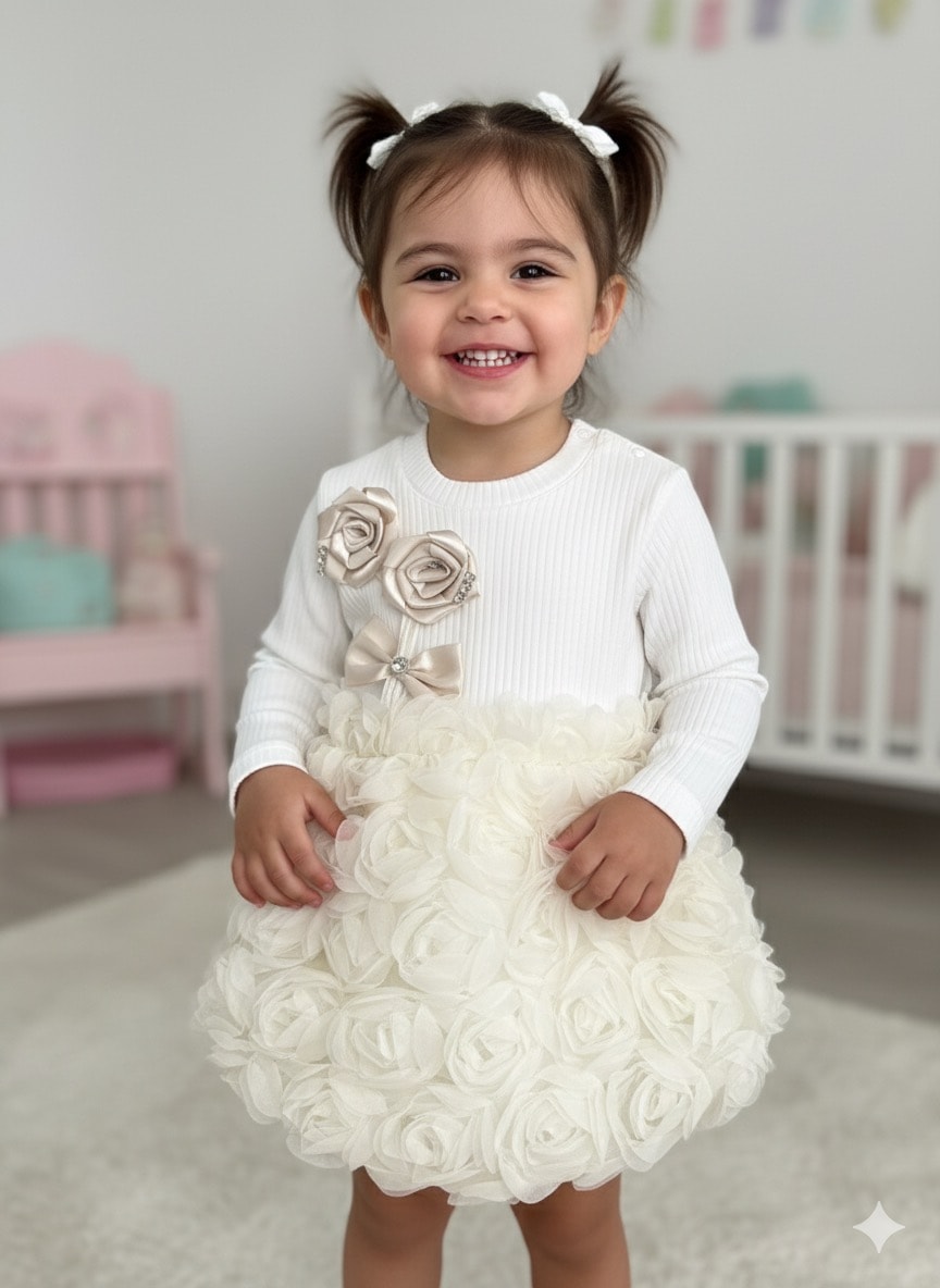 Kız Çocuk Ekru Çiçek İşlemeli Kabarık Etekli Takım