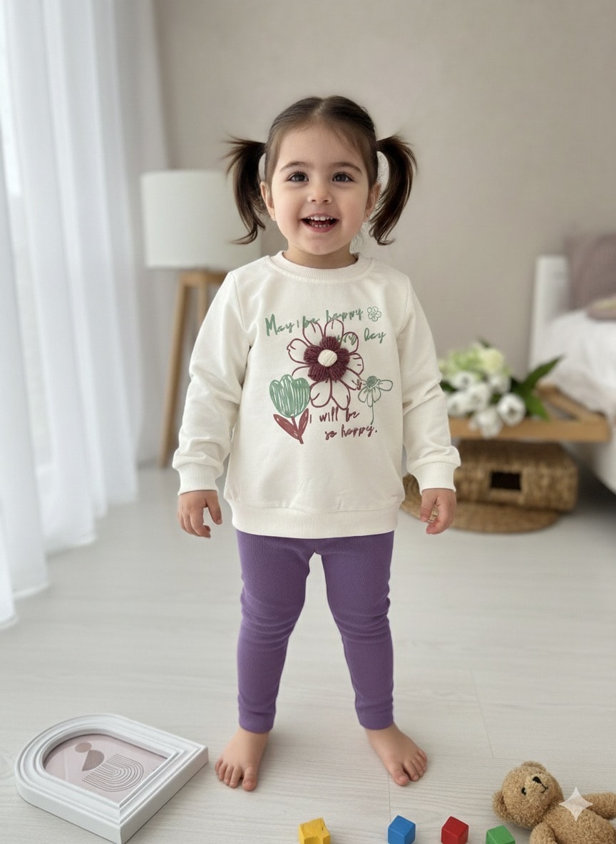 Kız Çocuk Mor Çiçek Nakışlı 2'li Takım