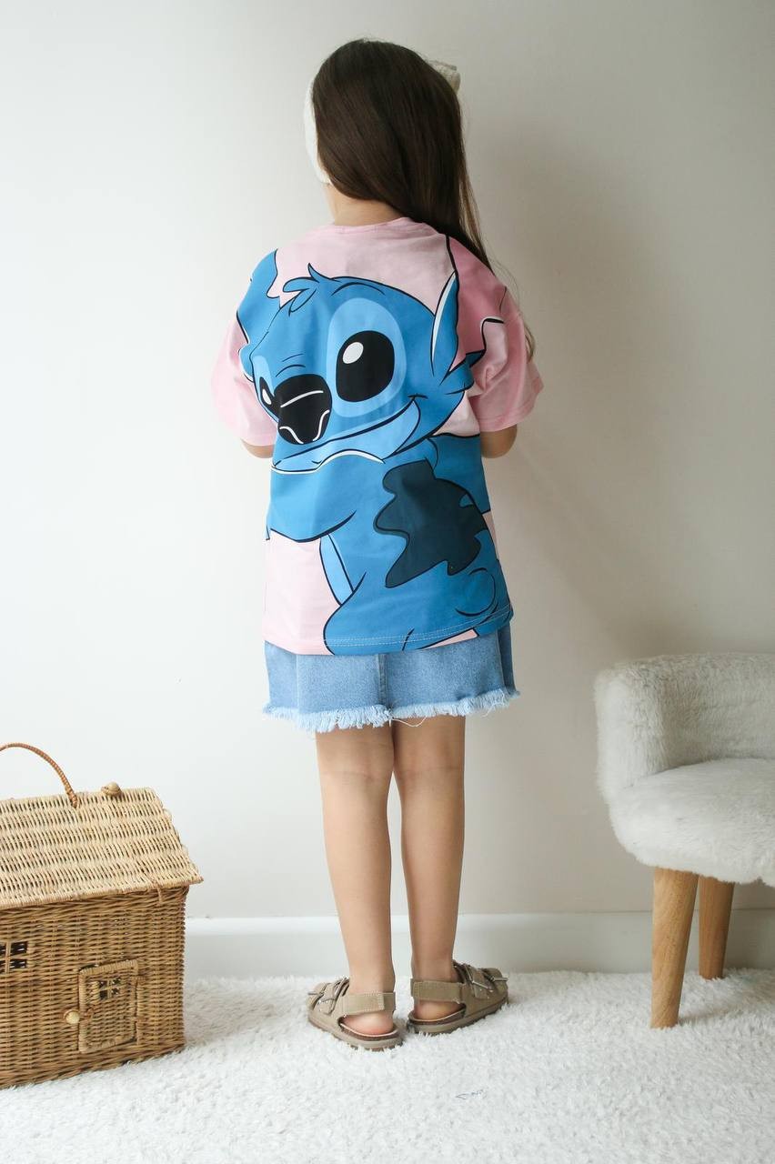 Kız Çocuk Pembe Stitch Baskılı Kot Etekli Takım