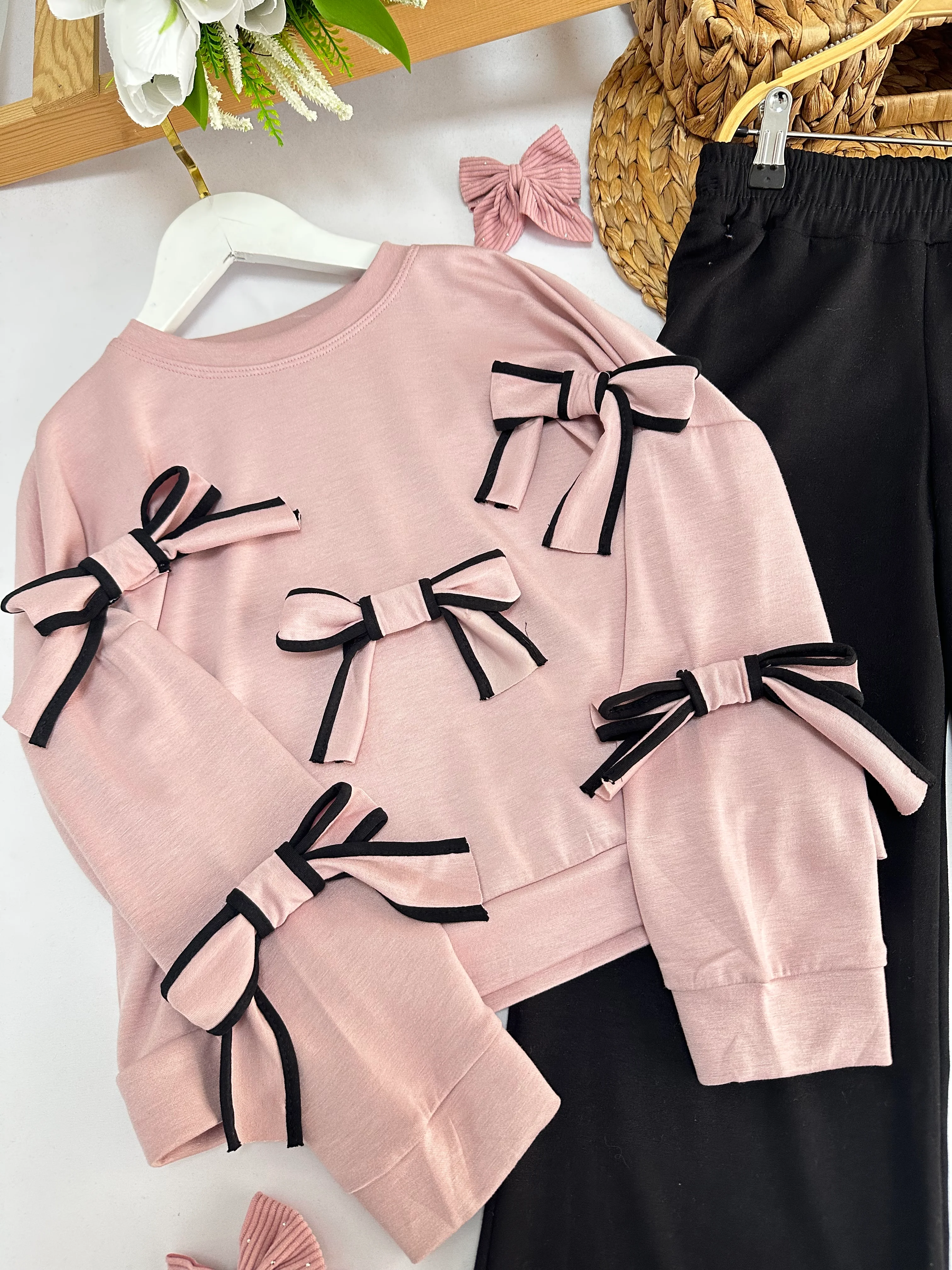 Kız Çocuk Pudra Kurdeleli Alt-Üst Takım