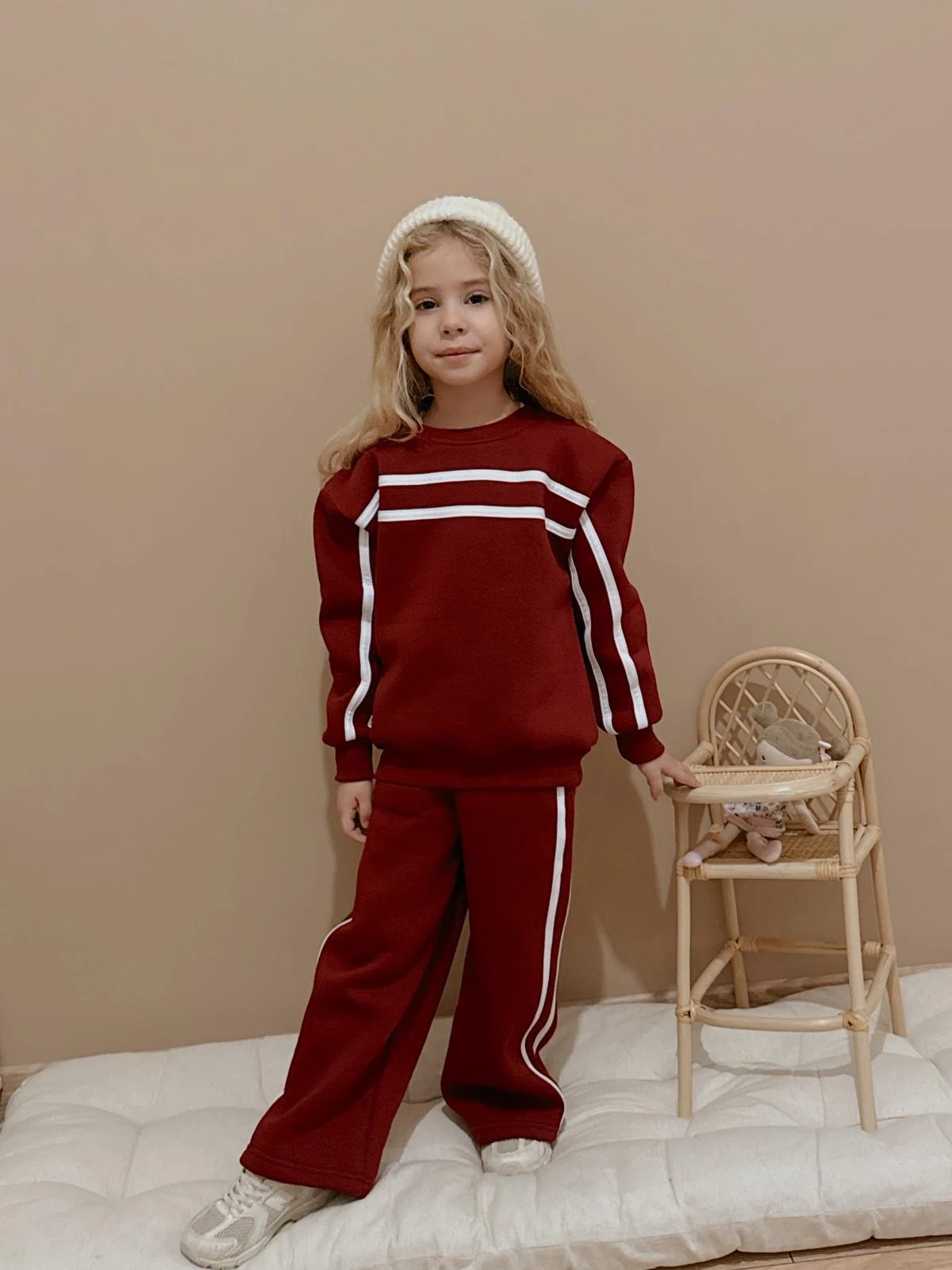 Kız Çocuk Bordo Çizgi Şeritli Takım