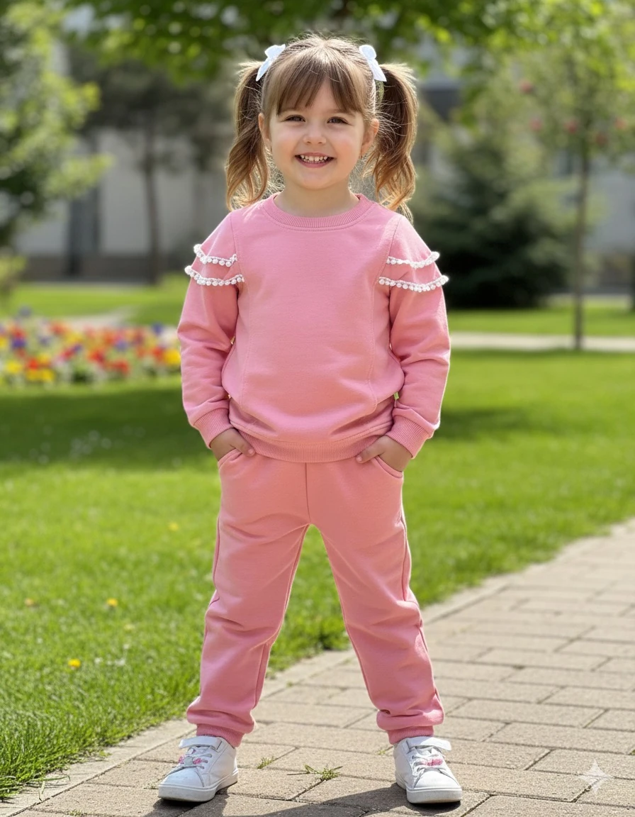 Kız Çocuk Pembe Kolu Fırfırlı Alt-Üst Takım 