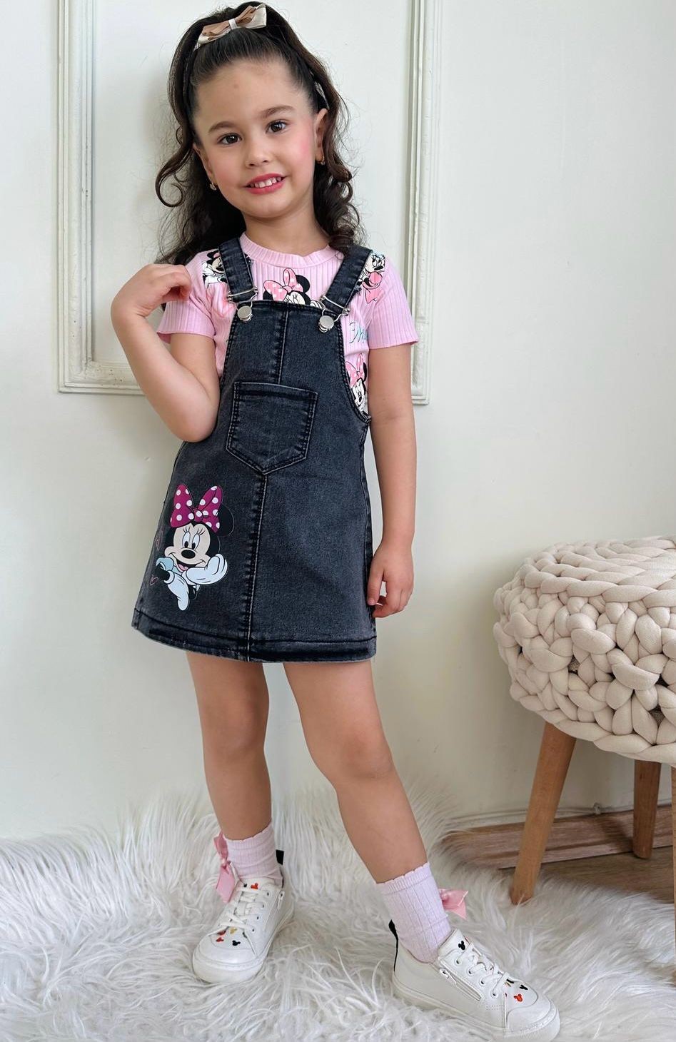 Kız Çocuk Pembe Minnie Mouse Kot Salopet Takım