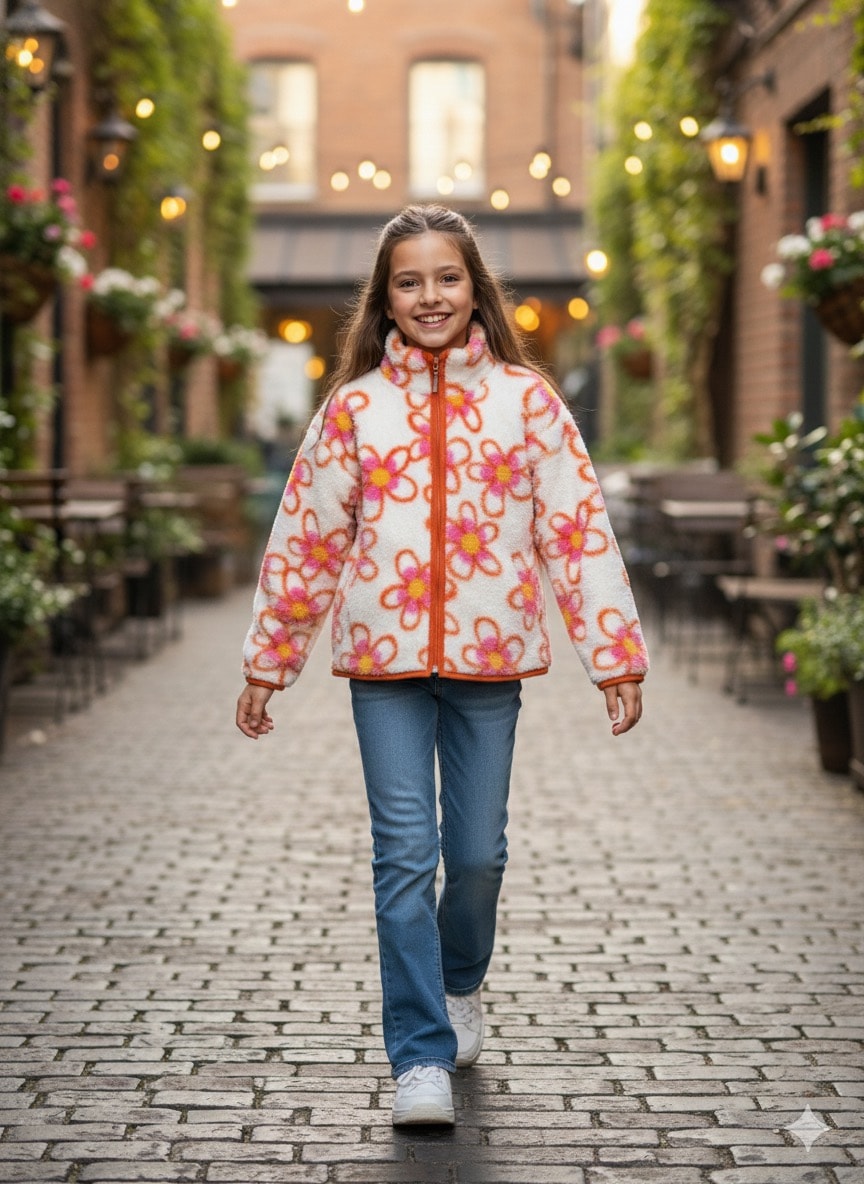 kız Çocuk Pembe Papatyalı Peluş Hırka