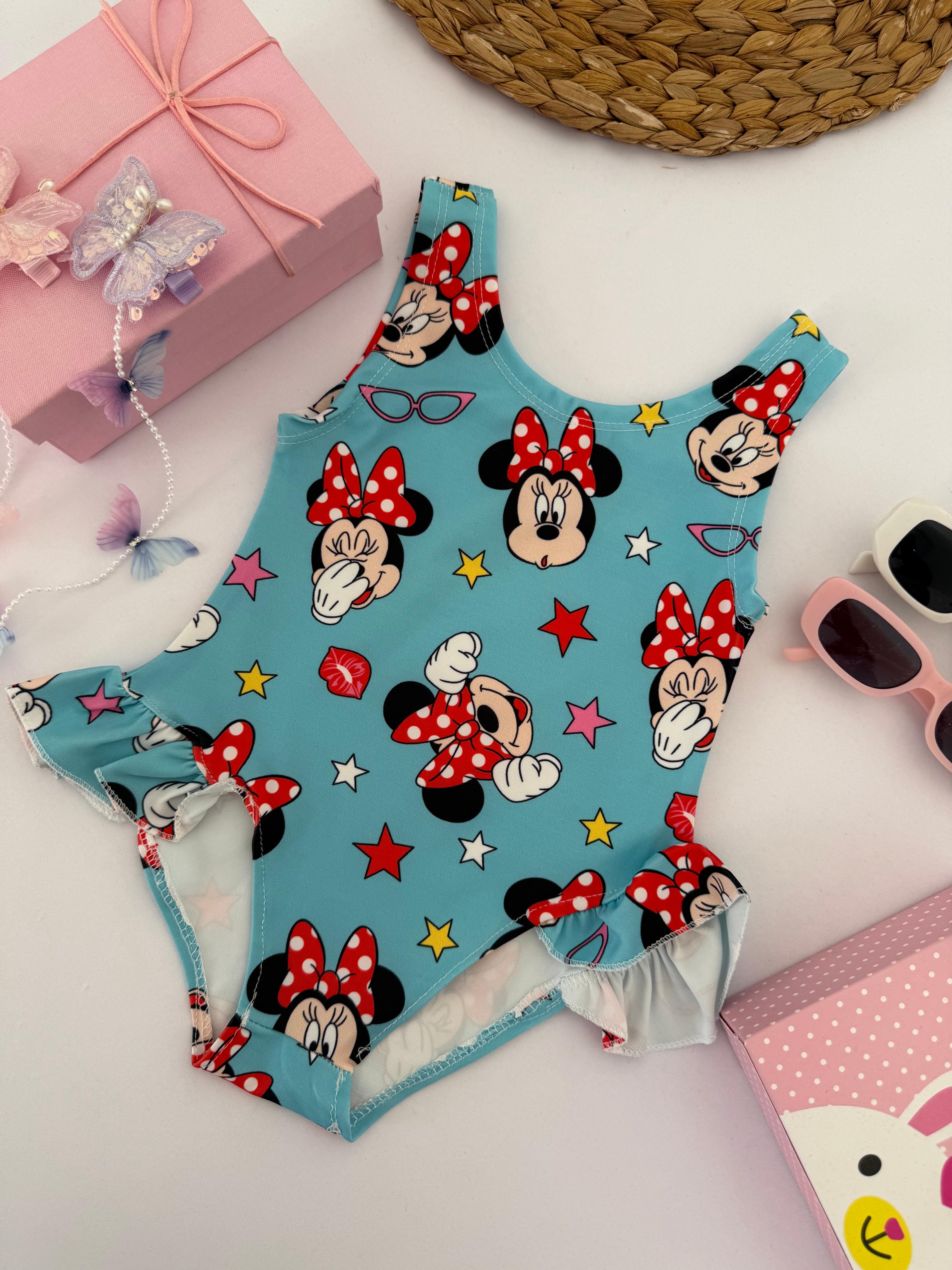 Kız Çocuk Mavi Yıldız Desenli Minnie Mouse Mayo