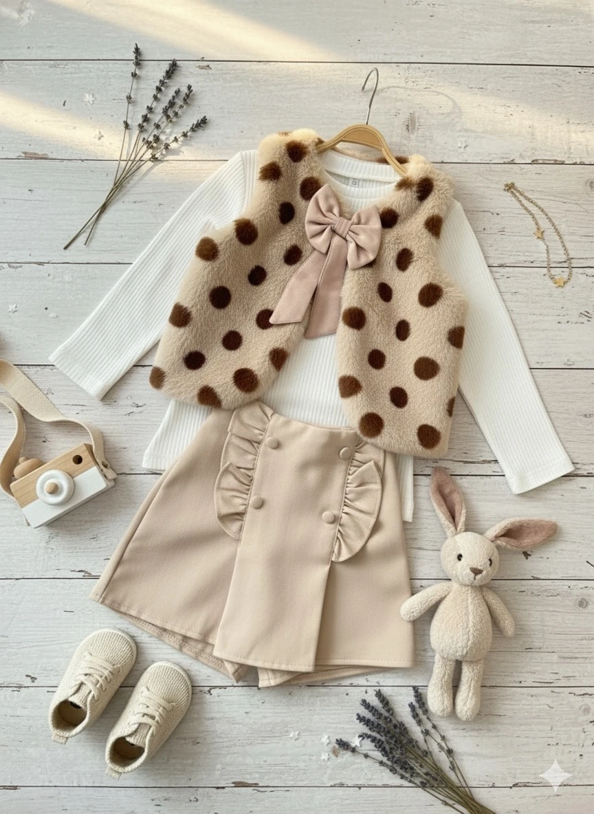 Kız Çocuk Bej Peluş Yelek Şort Etekli Takım