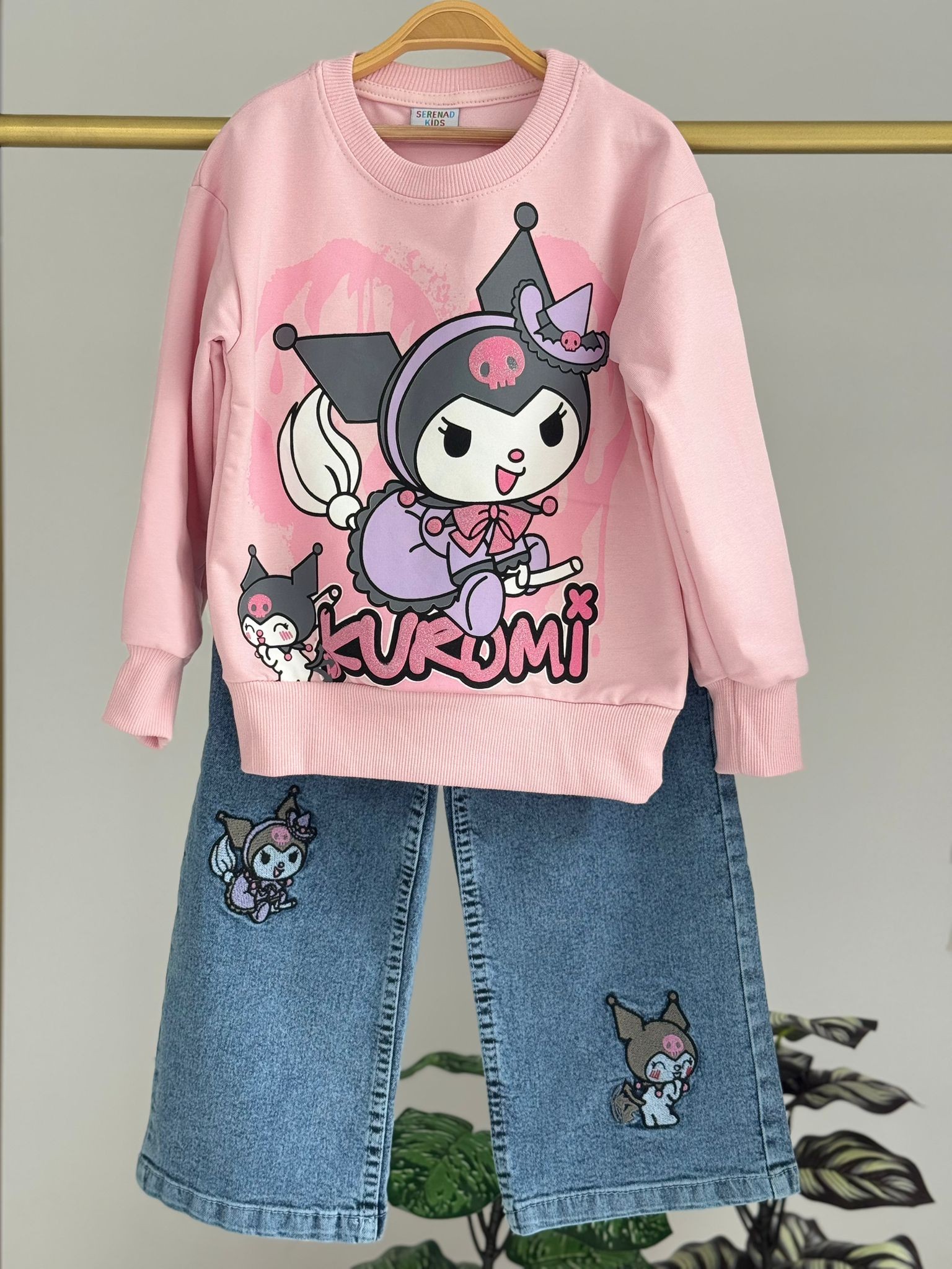 Kız Çocuk Pembe Kuromi Kot Pantolon Sweat 2'li Takım