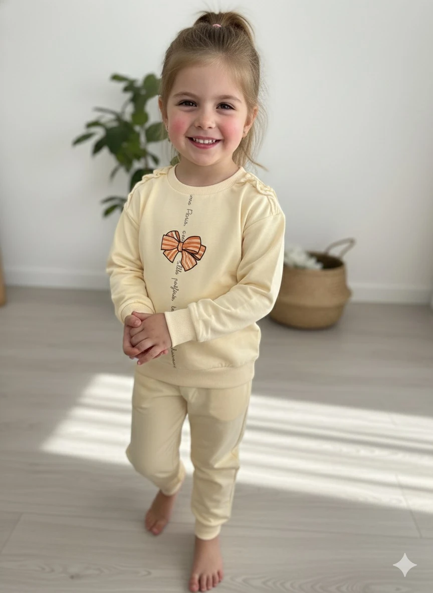 Kız Çocuk Ekru Kurdele Detaylı Takım