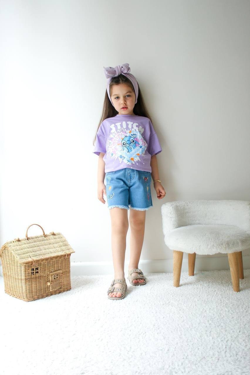 Kız Çocuk Lila Stitch Kot Şortlu Takım