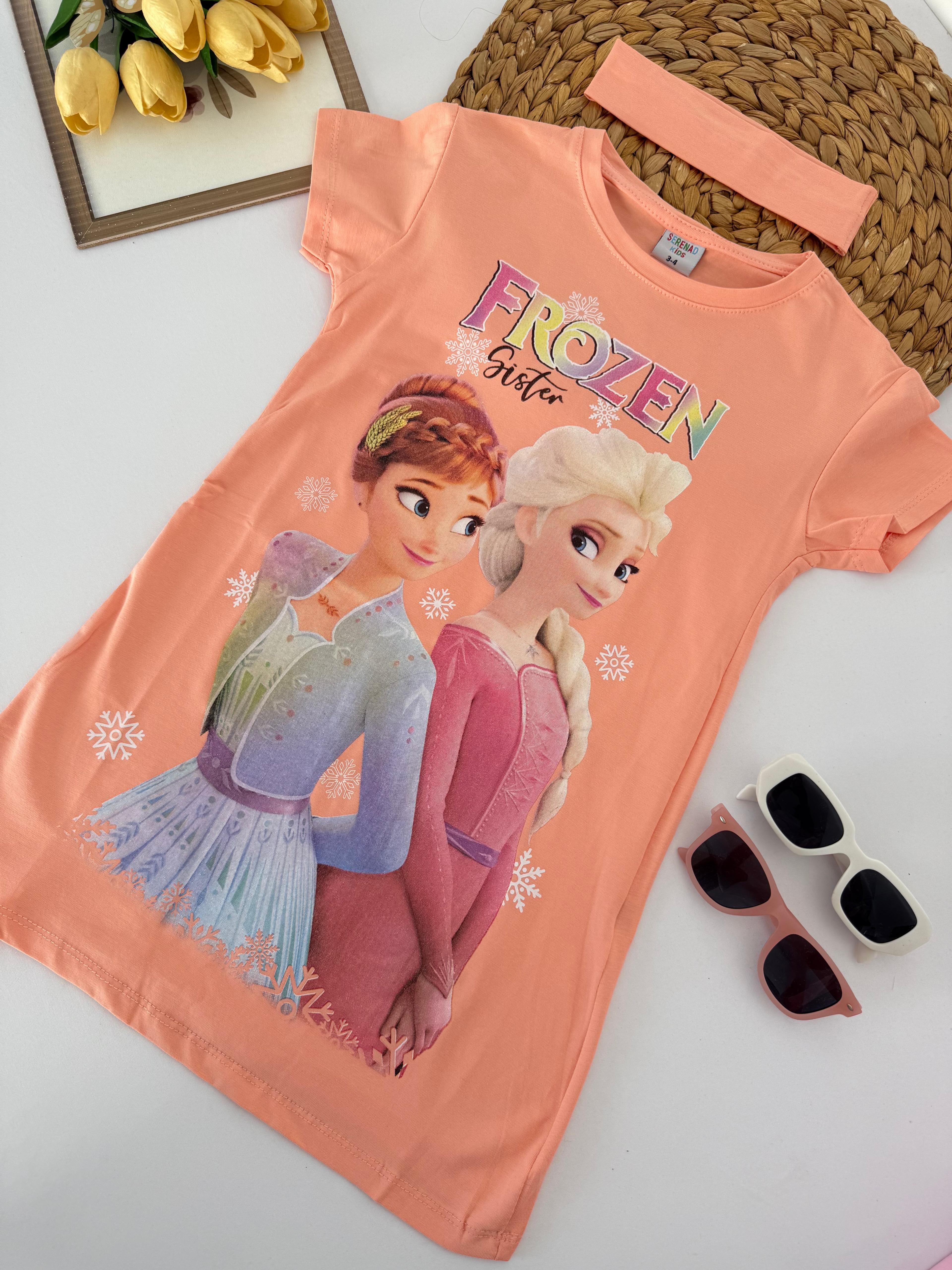 Kız Çocuk Somon Frozen Bandanalı Tunik Elbise