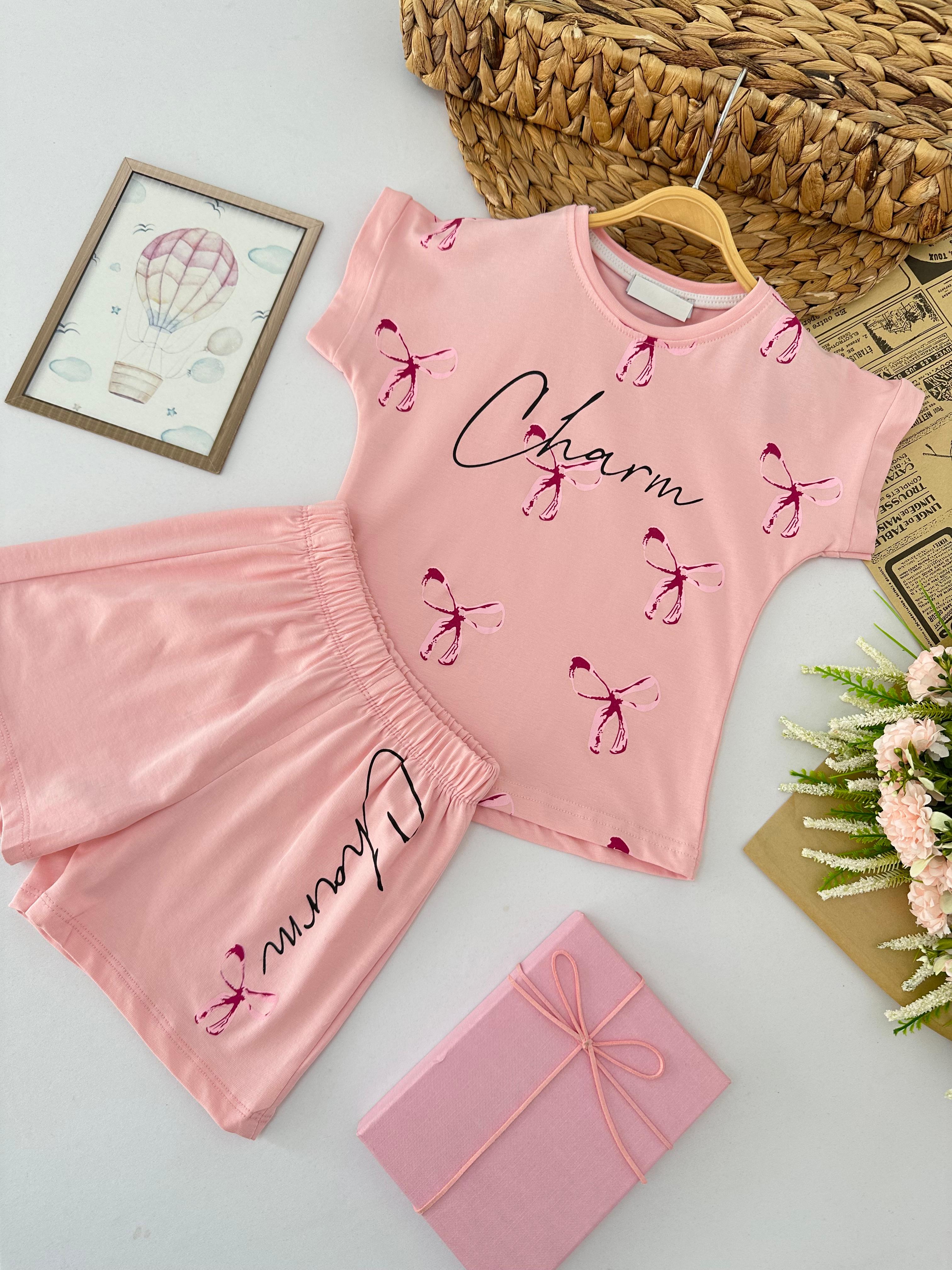 Kız Çocuk Pembe Kurdele Desenli Charm Takım
