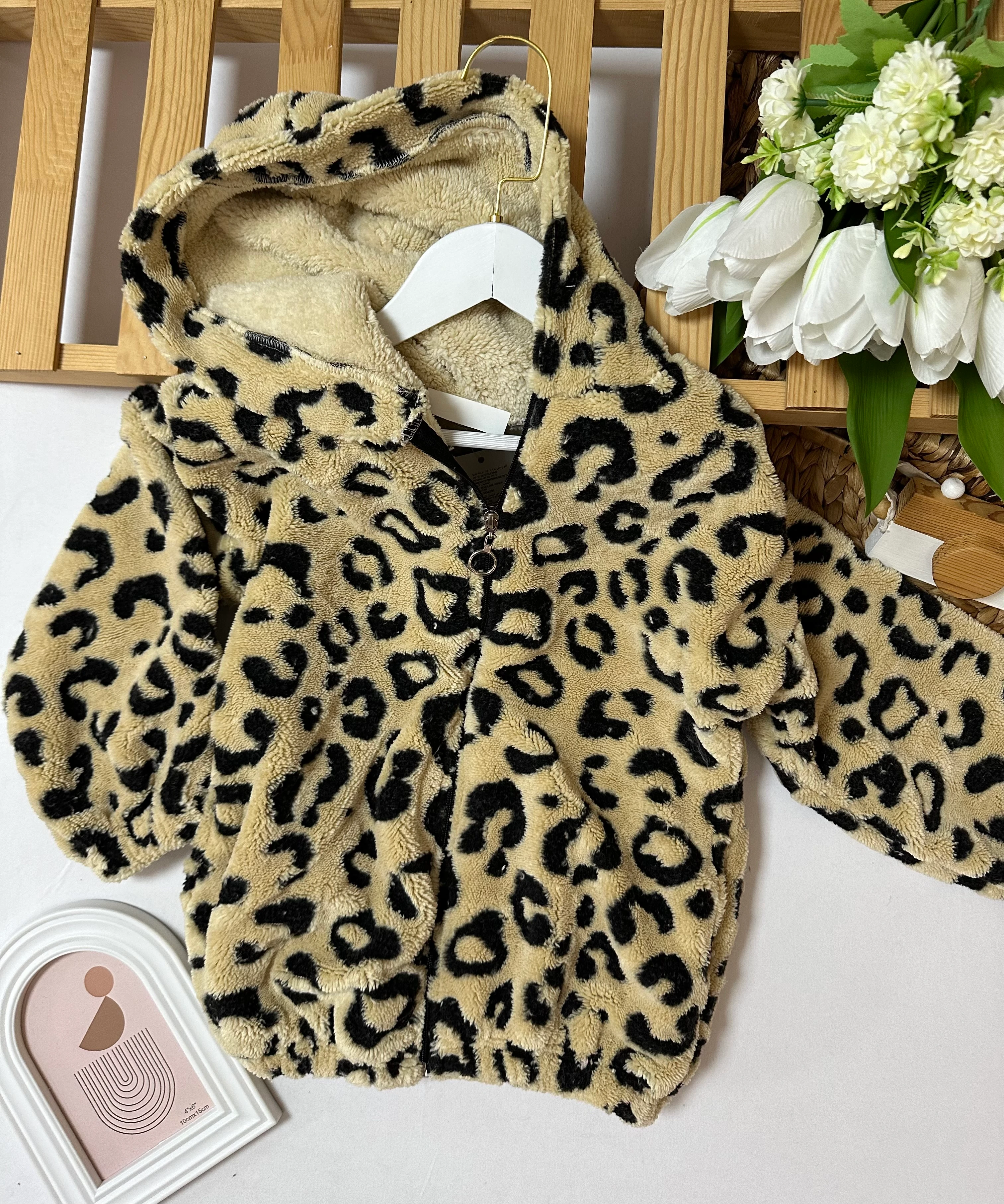 Kız Çocuk Kahve Leopar Kapüşonlu Peluş Hırka