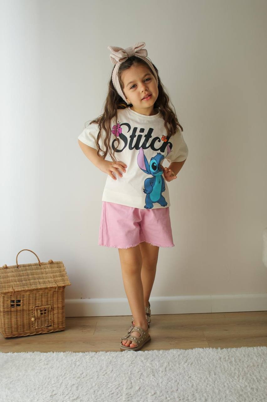 Kız Çocuk Stitch Pembe Şortlu Takım