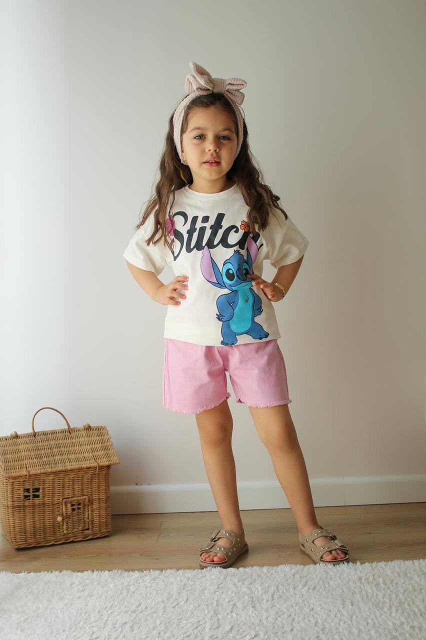 Kız Çocuk Stitch Pembe Şortlu Takım