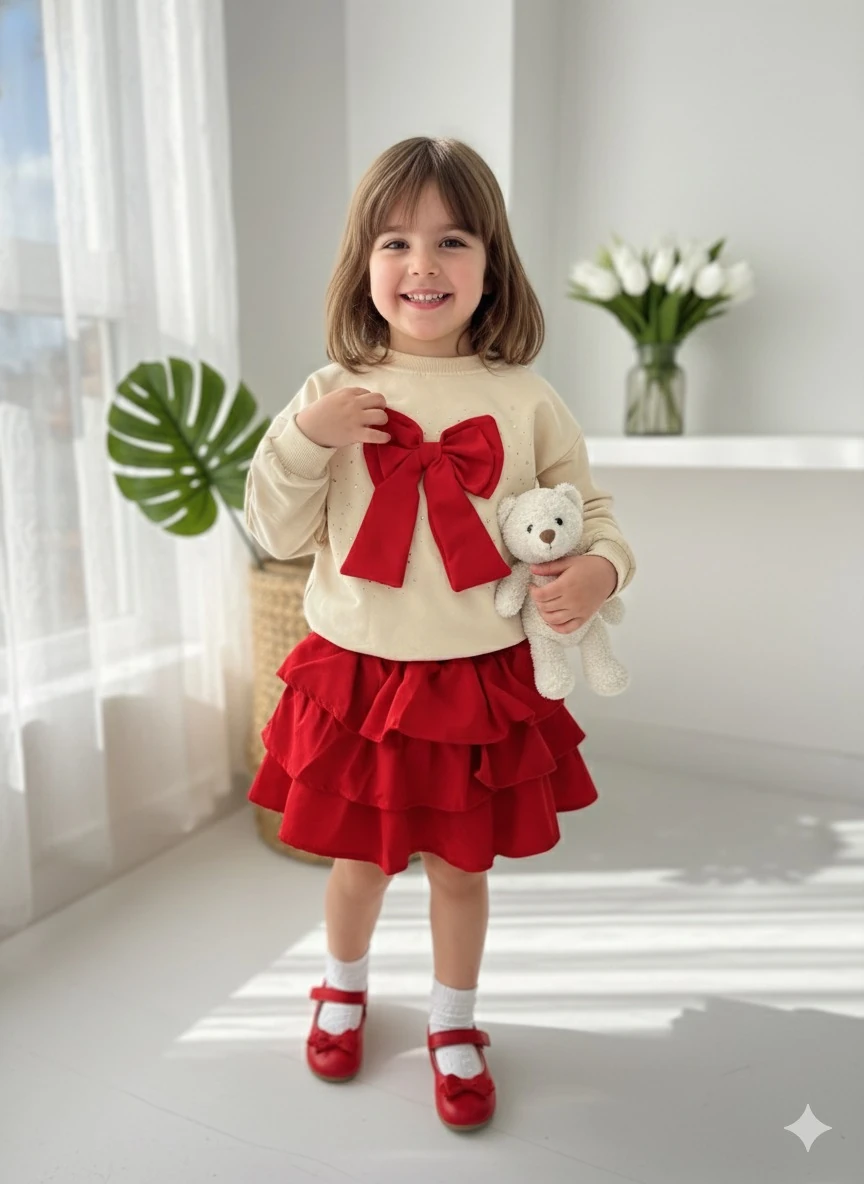 Kız Çocuk Kırmızı Fiyonklu Etekli Takım