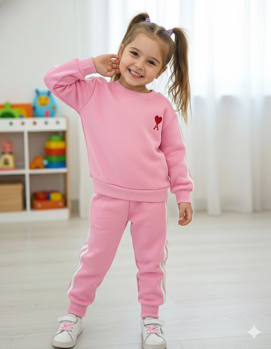 Kız Çocuk Pembe Kalp Nakışlı Alt-Üst Takım